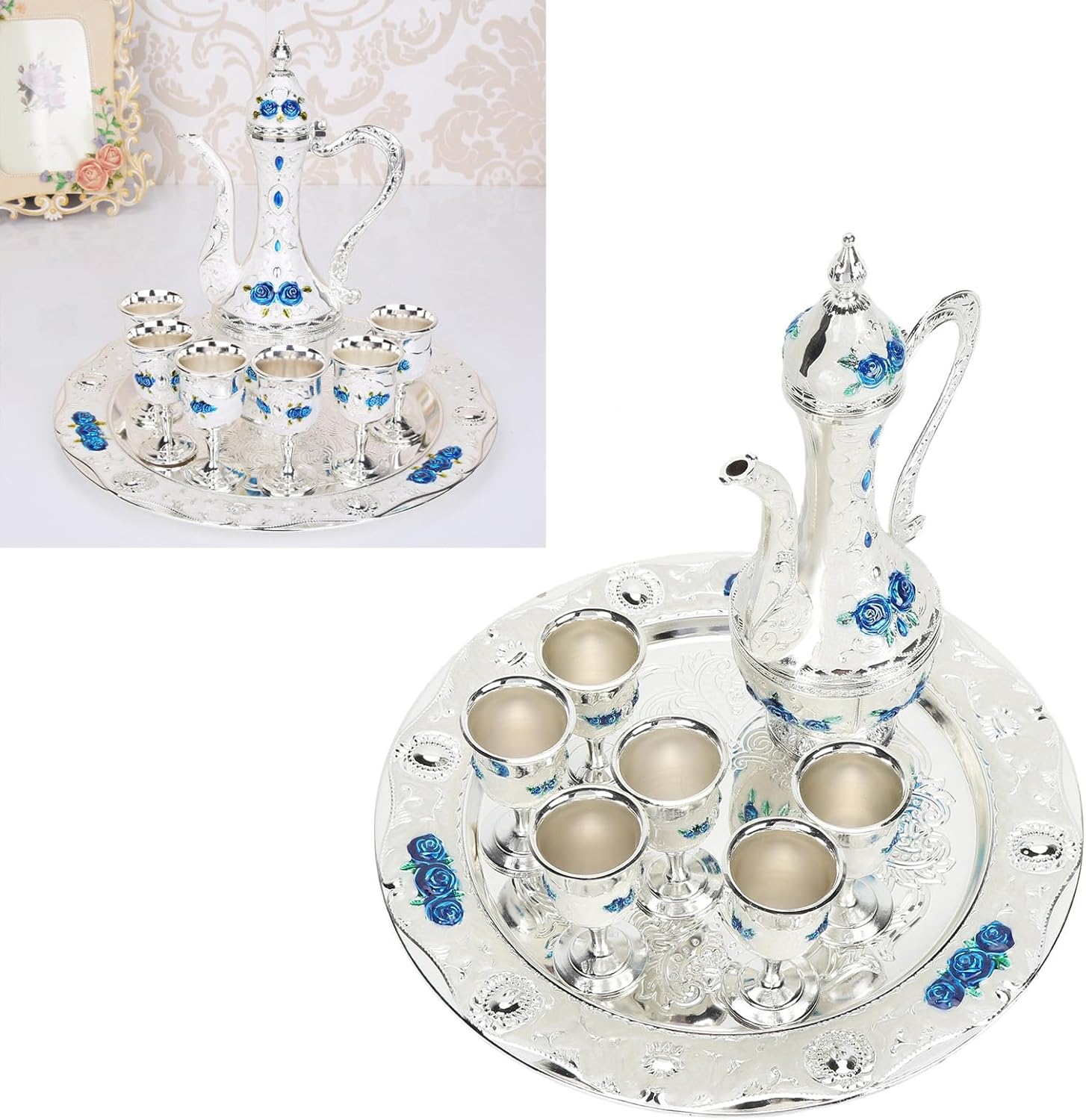 Vintage Coffee Pot Set, European Court Style Metal Tea Pot Cups Set, Wine Pot Set Decoration for Home Wedding (Sliver White Blue)