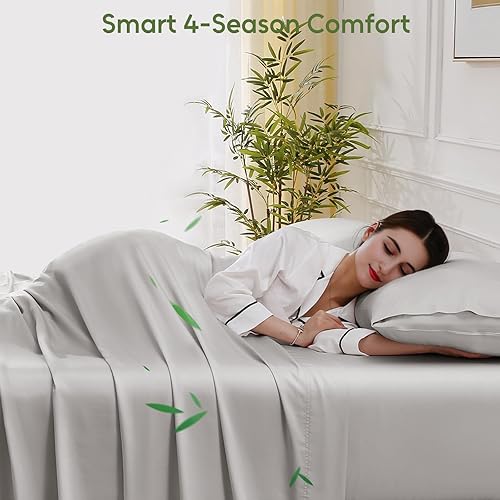 Miniatura 3 de Juego de sábanas King de 4 piezas 100% viscosa orgánica derivada de bambú, ultra suaves y refrescantes, bolsillo profundo para colchones de 16