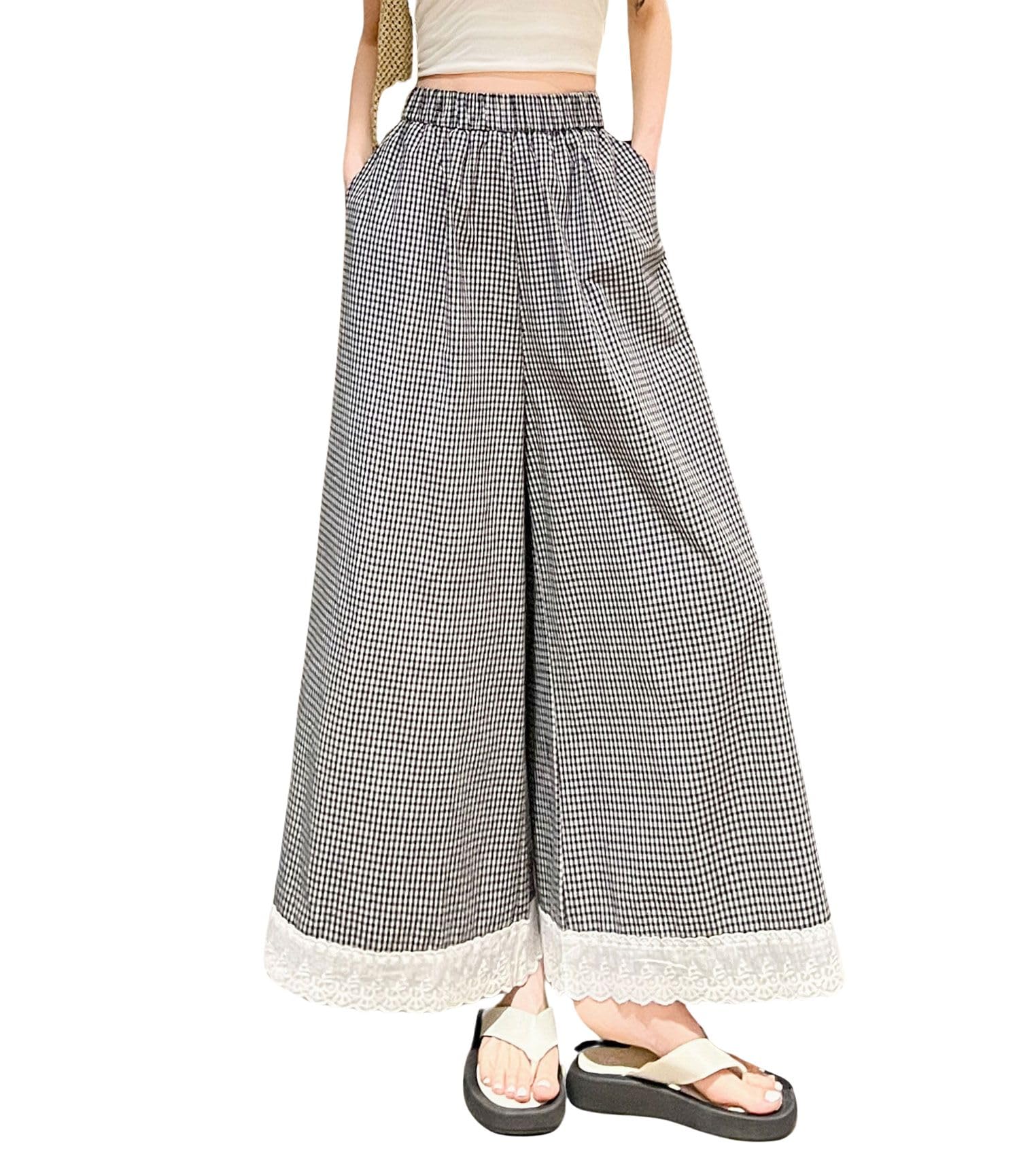 chouyatou Womens Elastic Waist Plaid Pants Lace Trim Wide Leg Capri Palazzo Pants Culottes with Pockets