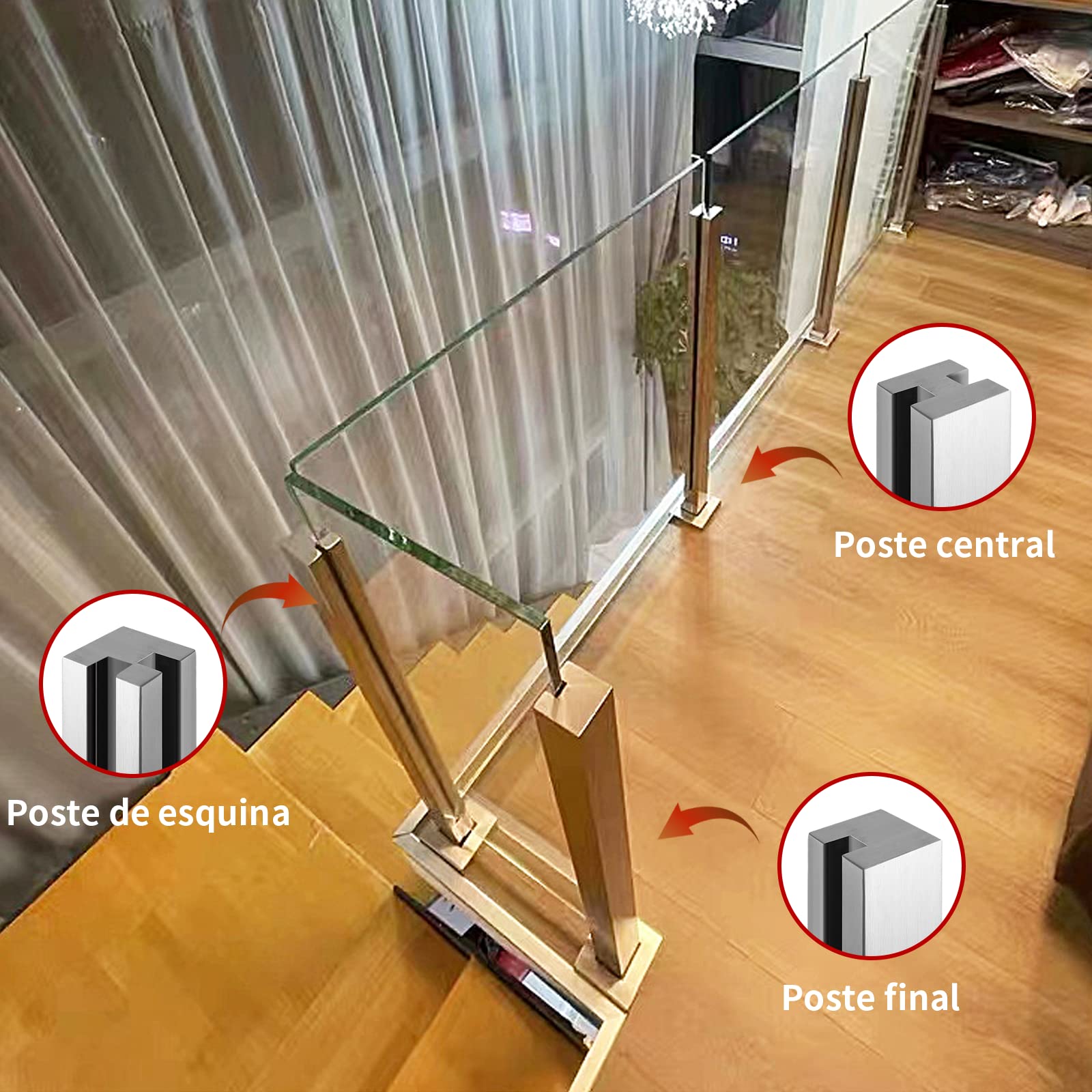 Poste final para balaustrada de vidrio de 95cm, poste de barandilla de vidrio de acero inoxidable 304 para chalés, balcones, escaleras, terrazas y patios (que no permite añadir barandillas)