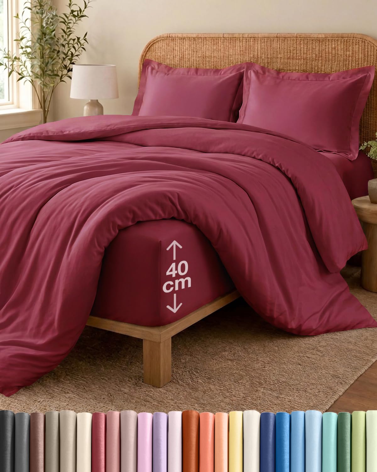 4 Piece Super King Burgundy Duvet Cover Set - Duvet Cover & Fitted Sheet, 2 Pillowcases - 260x220cm + 150x200cm 40cm / 16" - Microfibre - Soft, Wrinkle & Fade Resistant - OEKO-TEX Certified