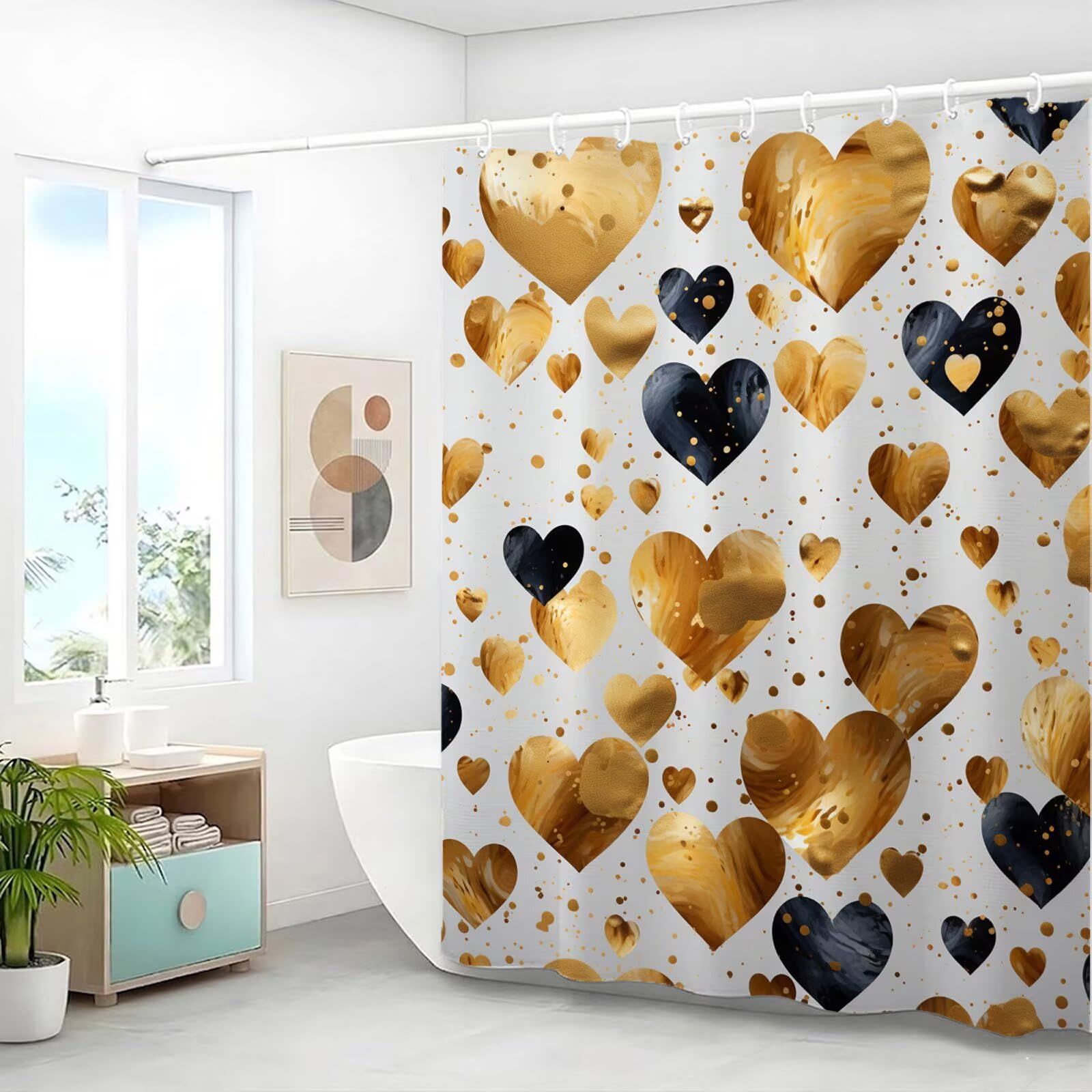 Wasserdichter Duschvorhang Anti-Schimmel 200x240 cm, Waschbar Schnelltrocknend Textil Stoff Polyester Duschvorhang Gold Shower Curtain mit Gewicht und 12 Ringe für Badewanne, Badezimmer, Liebe J8-389
