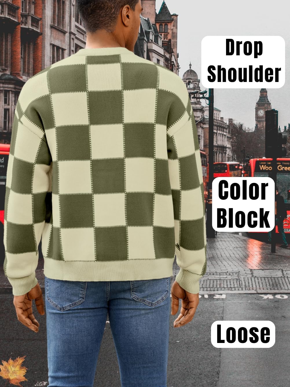 Men's Fall Fashion Checkered Sweater, Crewneck Ribbed Knit Pullover Top, Casual Loose Winter Color Block Sweaters - Image 3