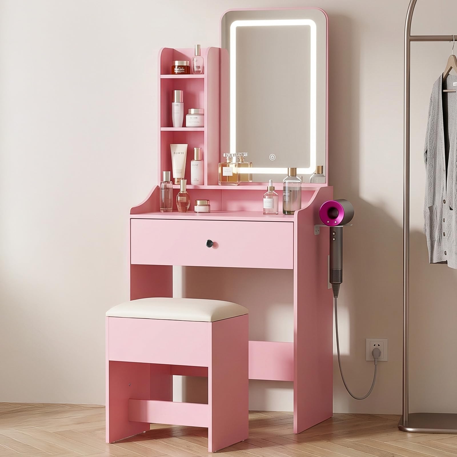 Photo 1 of **ONE PANEL BROKEN**DUMOS Makeup Vanity Desk, Vanity Table Set with Mirror and Lights, Small Vanity with Storage Bench, Charging Station and Hair Dryer Holder, Dressing Table with Drawer and Three Shelves, Pink