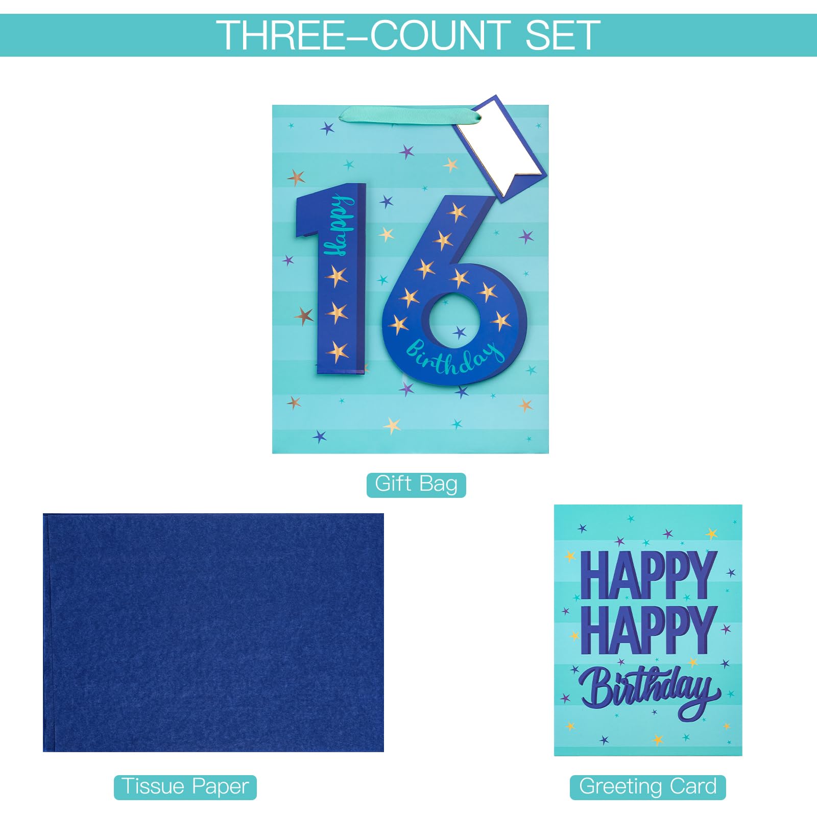 Blue And Black 16Th Birthday Gift Bag With Tissue Paper And Greeting Card Happy