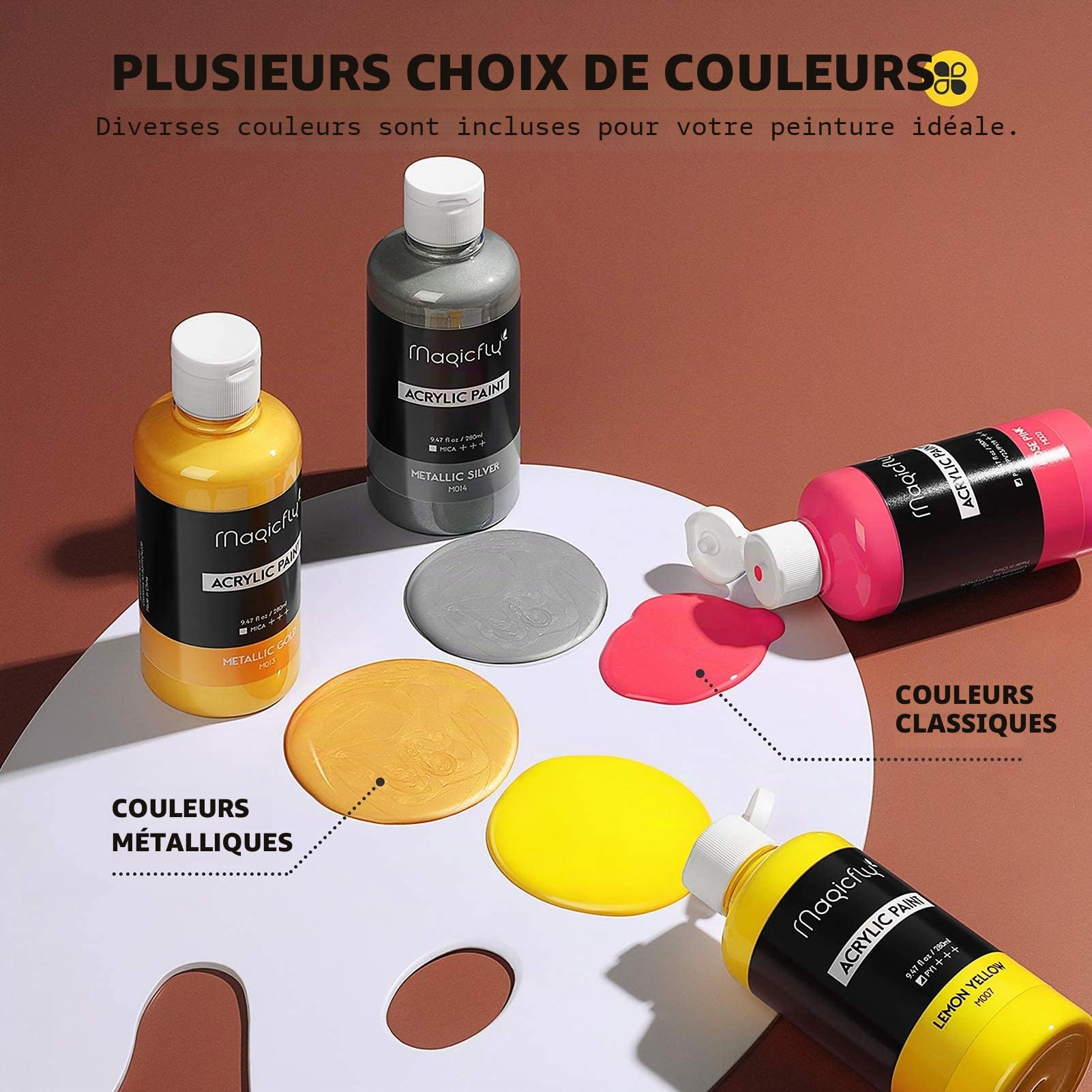 Magicfly Peinture Acryliques 14 Bouteilles (280 ML) Pigments Liquide Couleurs Riches Non Toxiques Multi-surfaces sur Toile, Cuir, Bois, Pierre, Céramique pour Artiste Professionnel, Amateurs