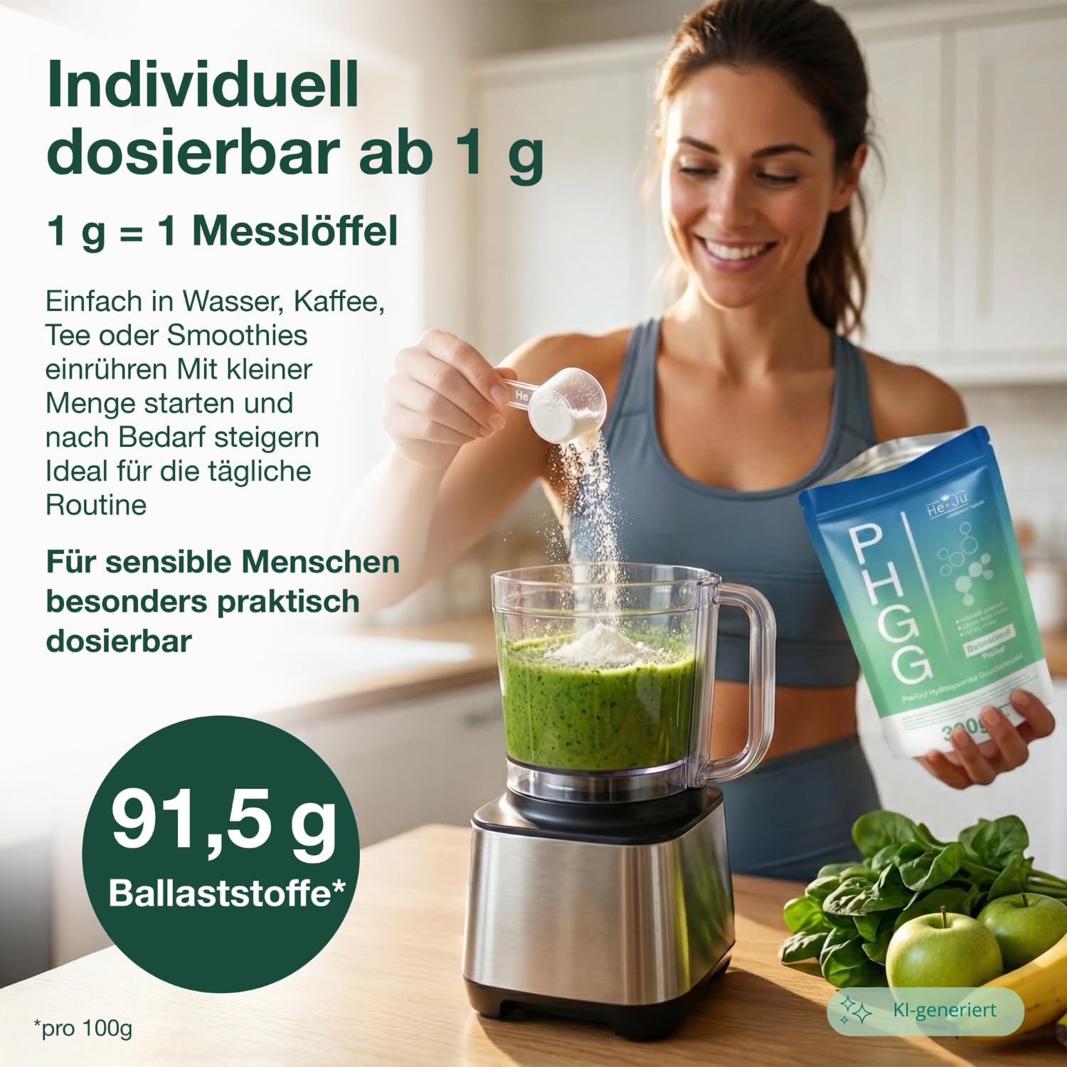 He-Ju PHGG Poudre de fibres (Fibalance®) 300 g, fibres FODMAP 60 portions, 100 % poudre PHGG avec cuillère doseuse de 1 g, neutre et bien soluble, testée en laboratoire