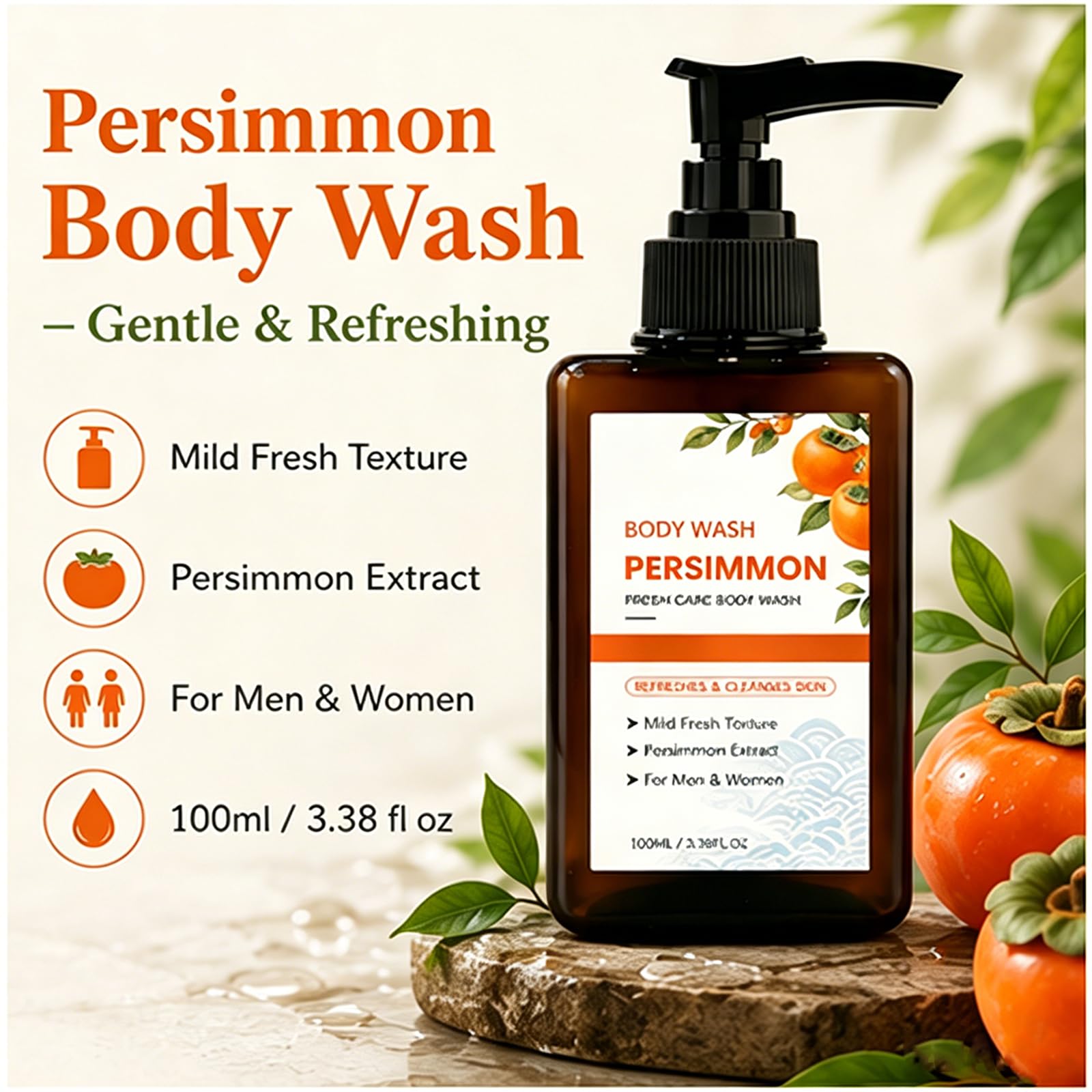 Persimmon Body Wash z ekstraktem z owoców persimmon i ekstraktem z zielonej herbaty, delikatny nawilżający żel pod prysznic z masłem shea i gliceryną, codzienny środek czyszczący dla mężczyzn i kobiet