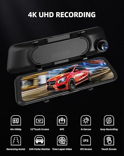 Miniatura 2 de COOLCRAZY Cámara de espejo retrovisor C5 de 12 pulgadas con tarjeta de 64 GB, espejo de pantalla táctil 4K, cámara frontal y trasera, cámara de