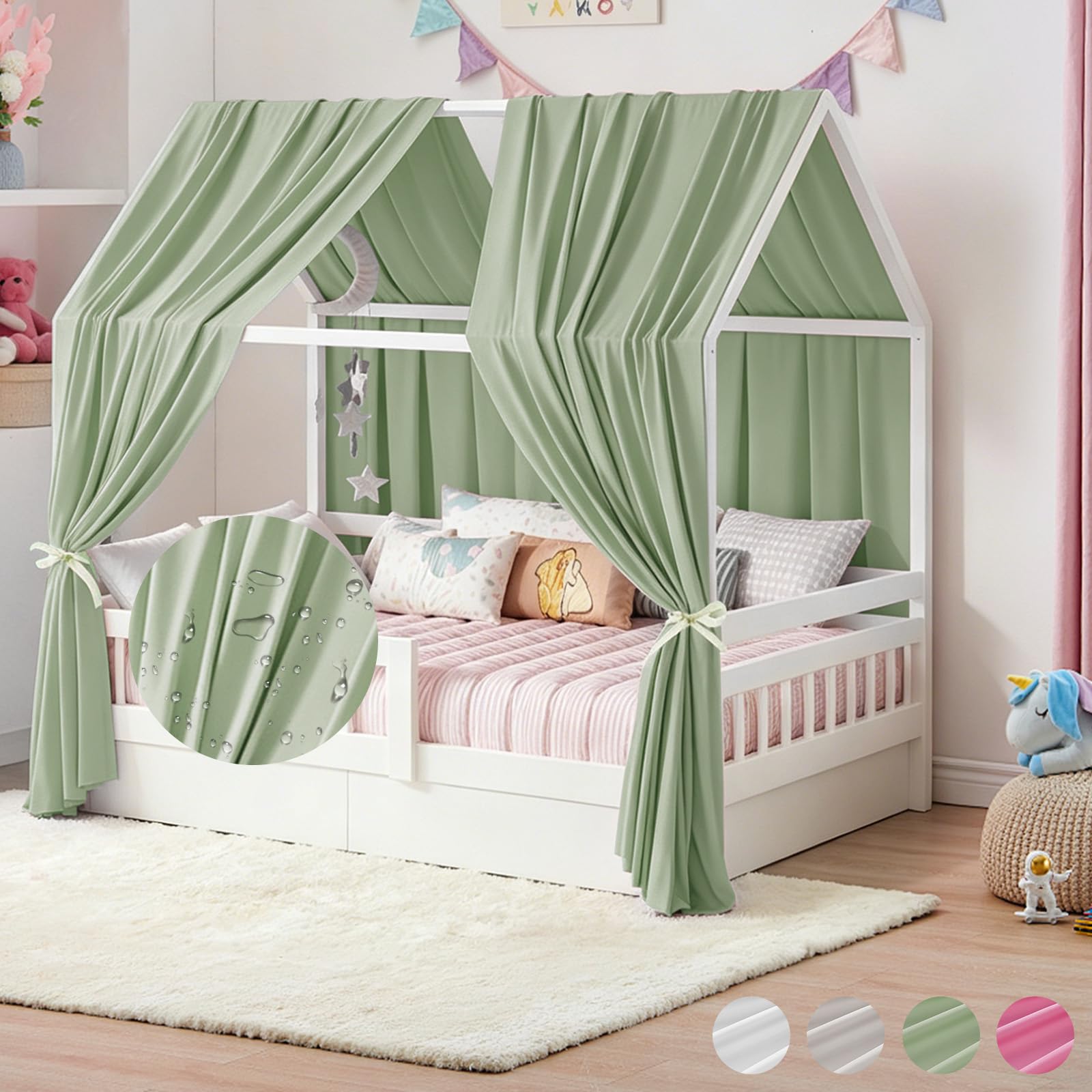 Hausbett Himmel, 2PCS Betthimmel Hausbett, Musselin himmelbett vorhänge, Hausbett Vorhang für Hausbetten, Kinderzimmer Deko Stoffhimmel für Mädchen Jungen Baldachin Kinderbett (H270 x W67CM, Grün)