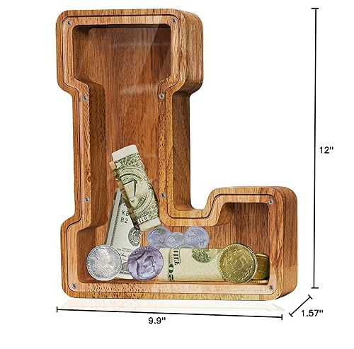 Vista 120 de Customized Name Large Wooden Piggy Bank for Boys Girls Alphabets Letter A-Z Coins Bills Money Change Bank Box Initial on Clear Cover