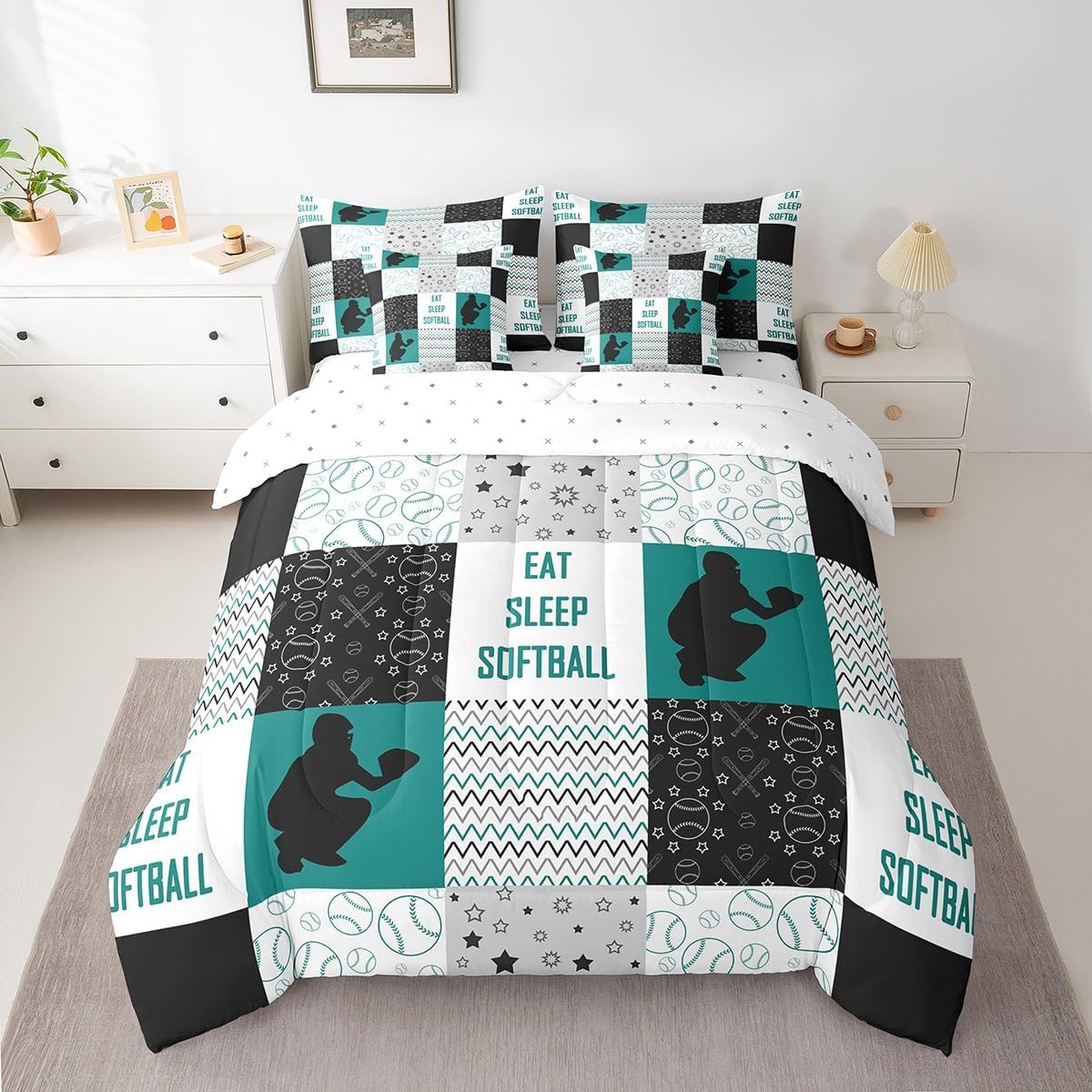 Erosebridal Girls Boys Softball Queen Comforter Set 7 Piece,Sports Bedding Sets for Boys Ball Games Room Decor,Checkered Softball Bed in a Bag with Fitted Sheet,Flat Sheet,Pillowcases & Shams
