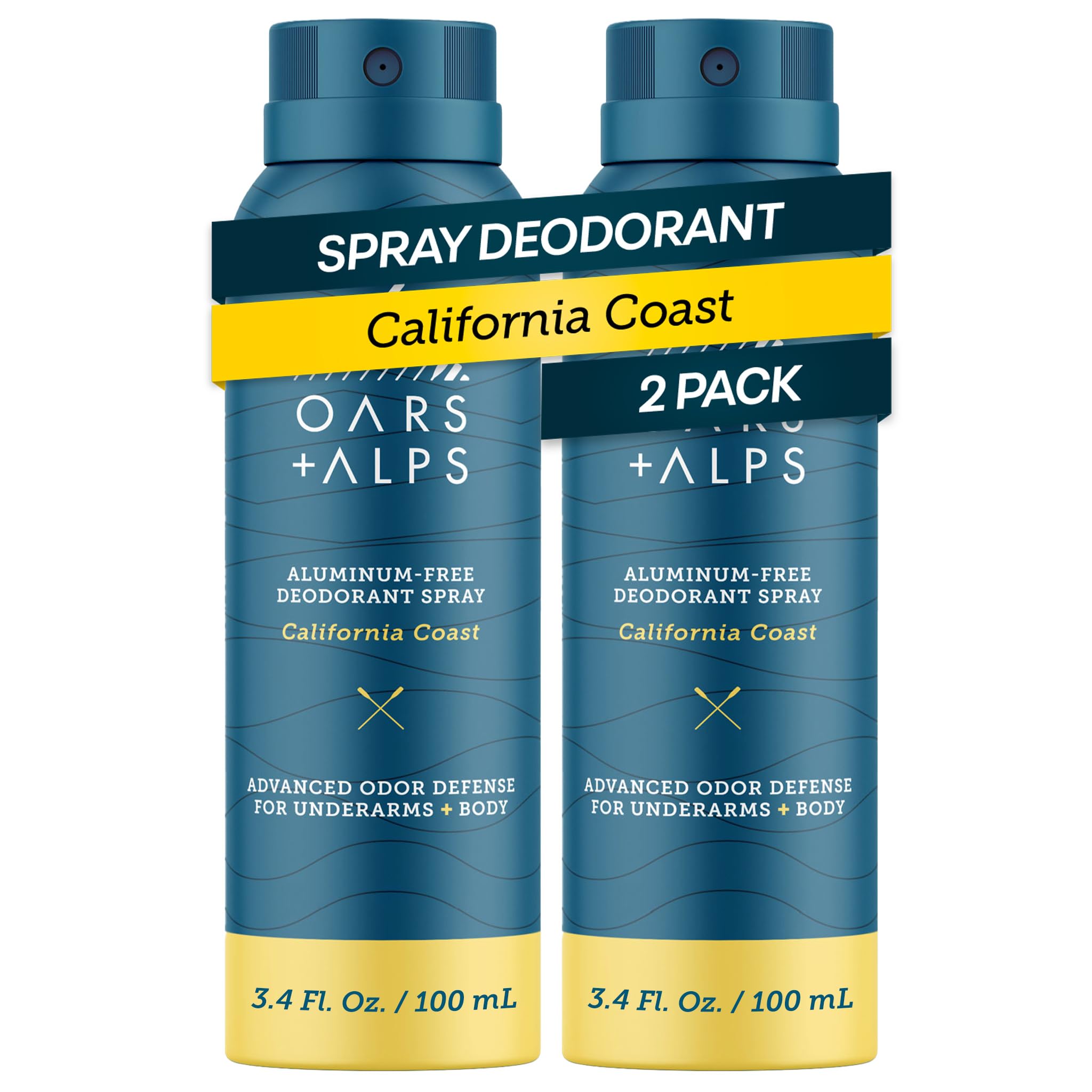 Oars + Alps Full Body Deodorant Spray for Men & Women, Aluminum Free Deodorant Men Spray, Dermatologist Tested, Clean Ingredients, Long Lasting, Odor Protection, California Coast, 2pk