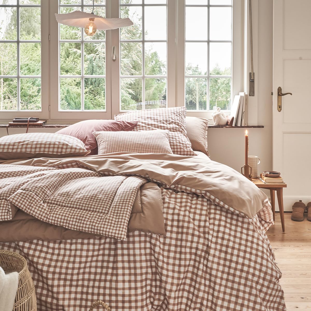 Printed Cotton Percale Duvet Cover, Gingham, Made in France, 240 x 220 cm, Essix