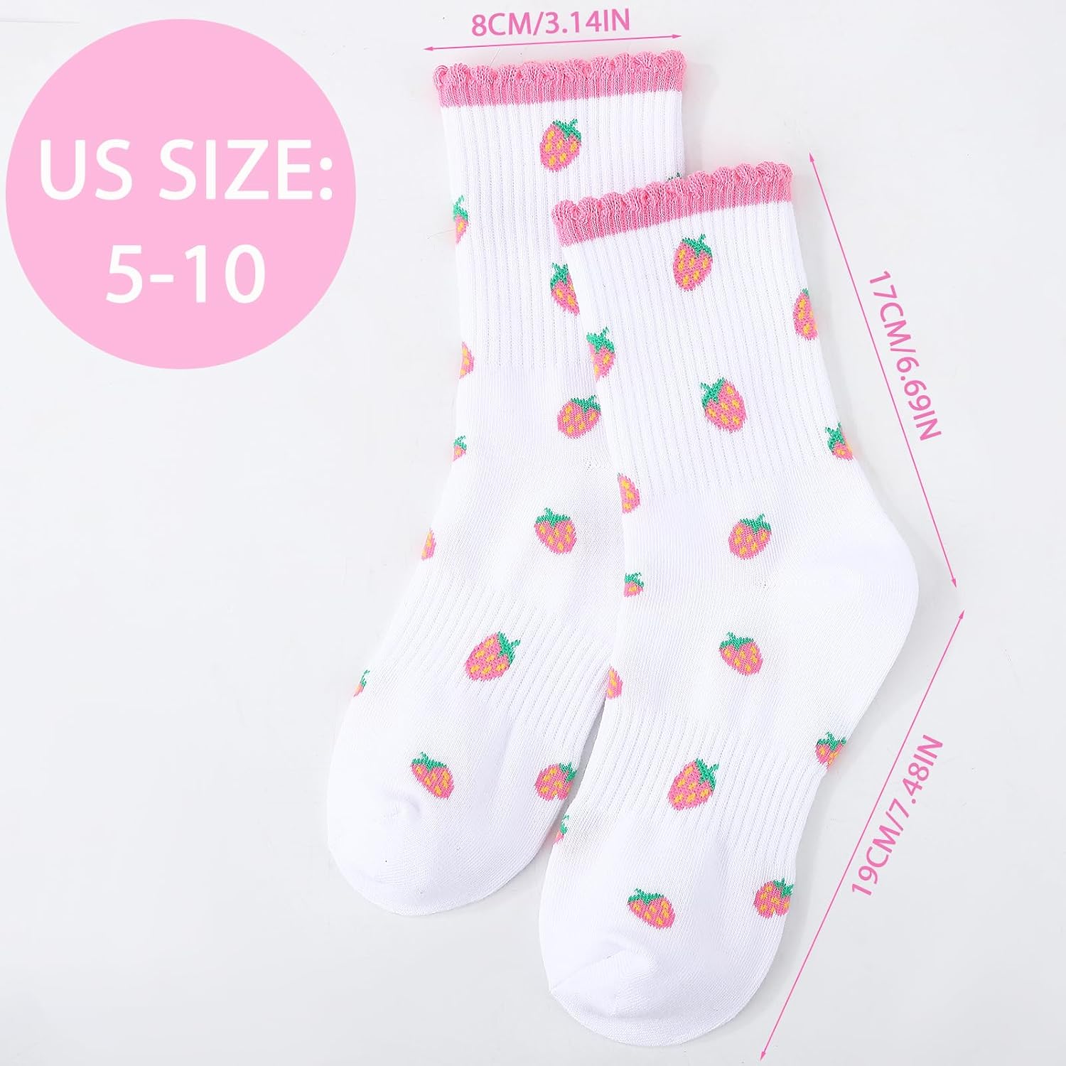 6 Pairs Women Cute Ruffle Crew Socks for Ladies Girls | Colorful Hearts Socks, Frilly Design, Breathable Comfortable Cotton Material, Ribbed, Casual Daily Wear, Size 5-10