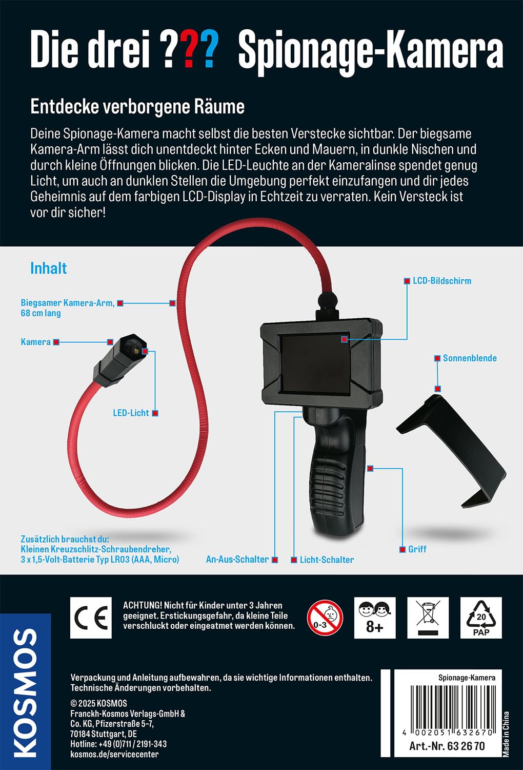 Kosmos Die DREI ??? 632670 Spionage-Kamera – Detektiv-Spielzeug mit flexiblem Kamera-Arm, LED-Licht & LCD-Display, Spionage-Gadget für geheime Entdeckungen, Dedektiv Gadget für Kinder ab 8 Jahren
