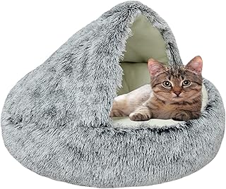 Soft Plush Cat Bed Cave for Indoor Cats Kitty Puppy, Semi-Enclosed Pet Bed Soft Puppy Kitten Bedding Pet Tent Cave Hooded Dog Bed, Multiple Sizes, Washable,16in,Gray