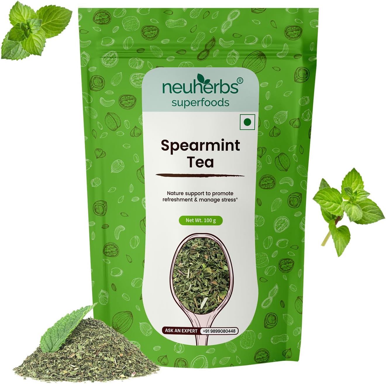 Neuherbs Spearmint Tea 100g (Pack of 1) Herbal Loose Leaf Tea To Promote Refreshment & Manage Stress | 100% Clean, Natural & Pure | Rich In Antioxidant | Caffeine Free Tea