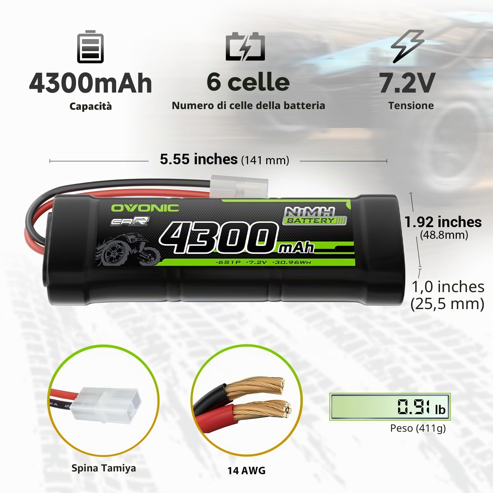 OVONIC Batteria NiMH da 7,2 V RC da 4300 mAh con connettore TMY per camion RC auto Truggy (2 pezzi)