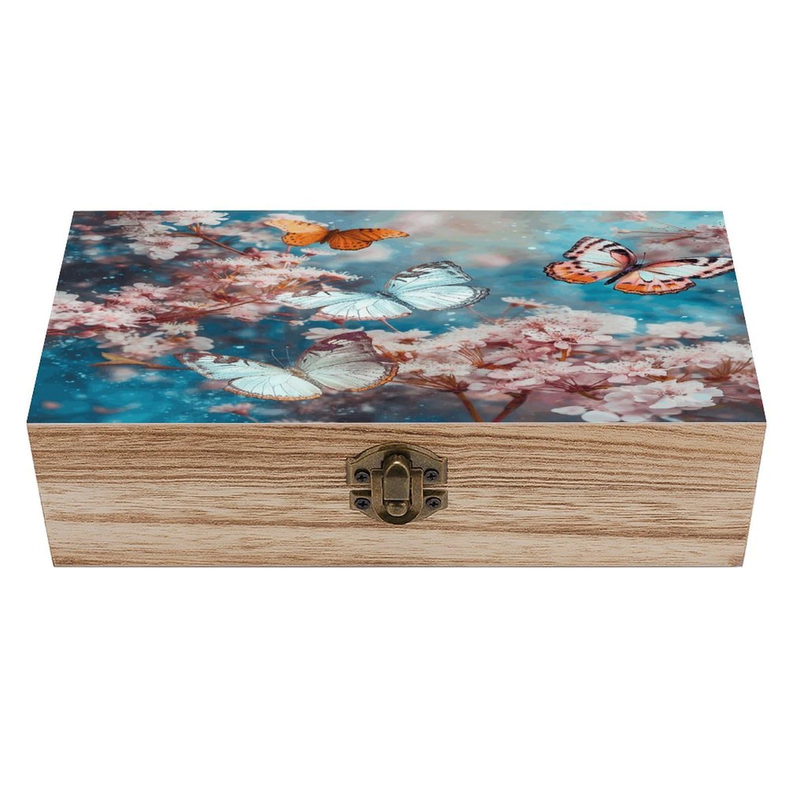 Btcowzrv Style A Group Of Butterflies Flying Wooden Storage Box, Keepsake Box With Hinged And Retro Lock, Wood Jewelry Organizer For Photos & Mementos And Home Decor