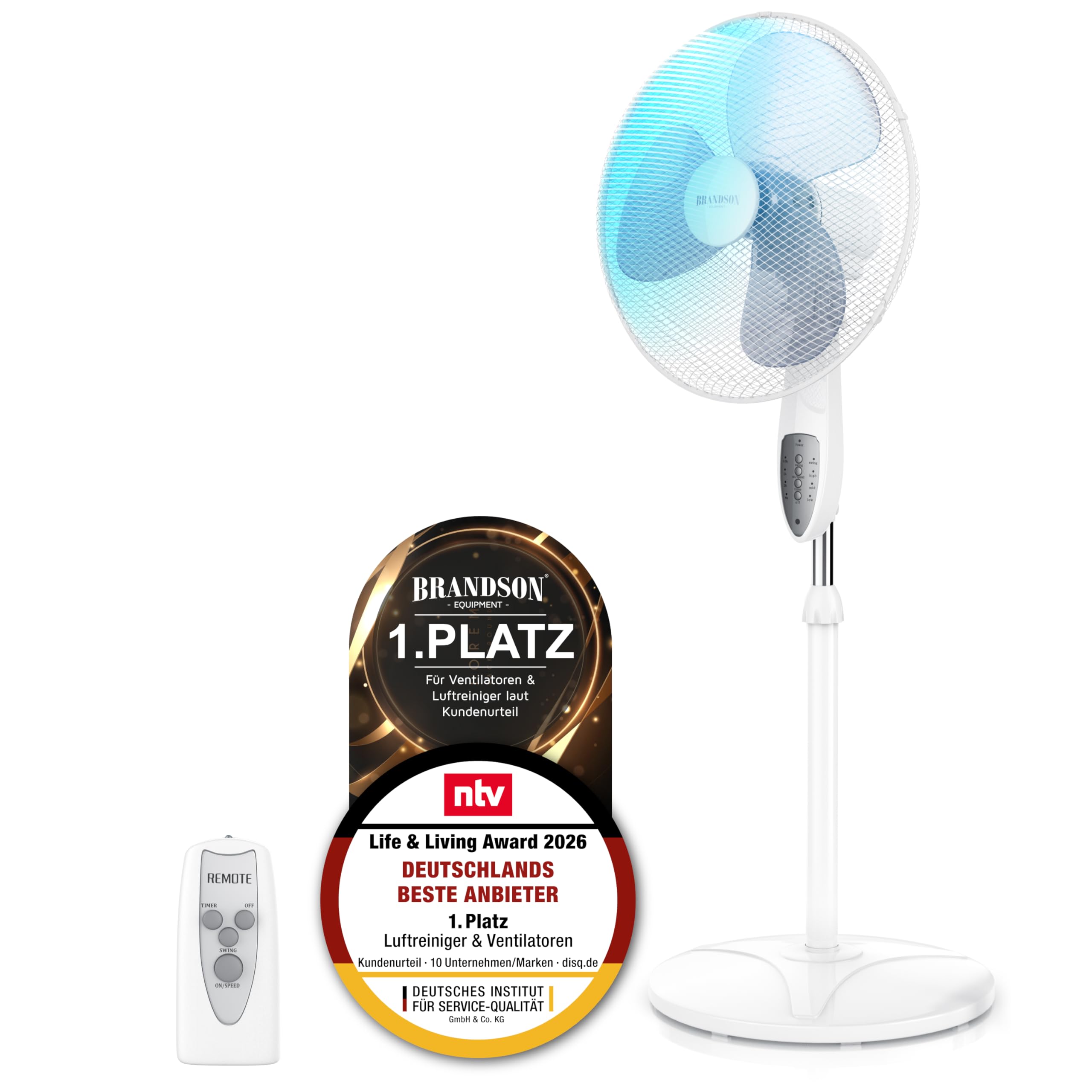 Brandson - Standventilator mit Fernbedienung - Standlüfter leise - Ventilator höhenverstellbar - mobiler Lüfter - Neigungswinkel verstellbar - 3 verschiedene Geschwindigkeitsstufen