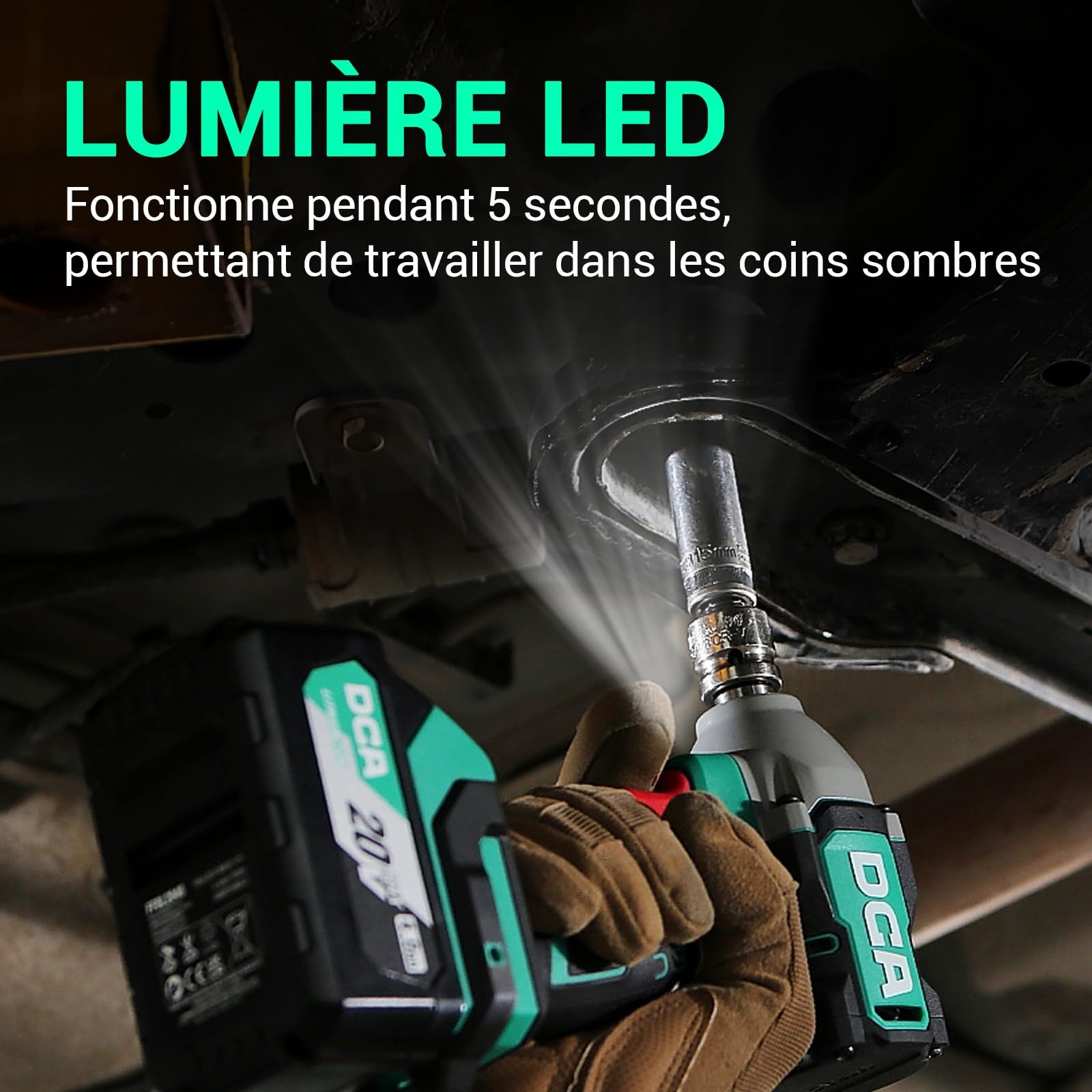 DCA Clé à chocs sans balais 20V avec batterie 4,0Ah, bague de retenue 1/2 pouce, clé à chocs sans fil, couple élevé de 235 ft-lbs, 4 modes pour l’automobile et le bricolage, ADPB320