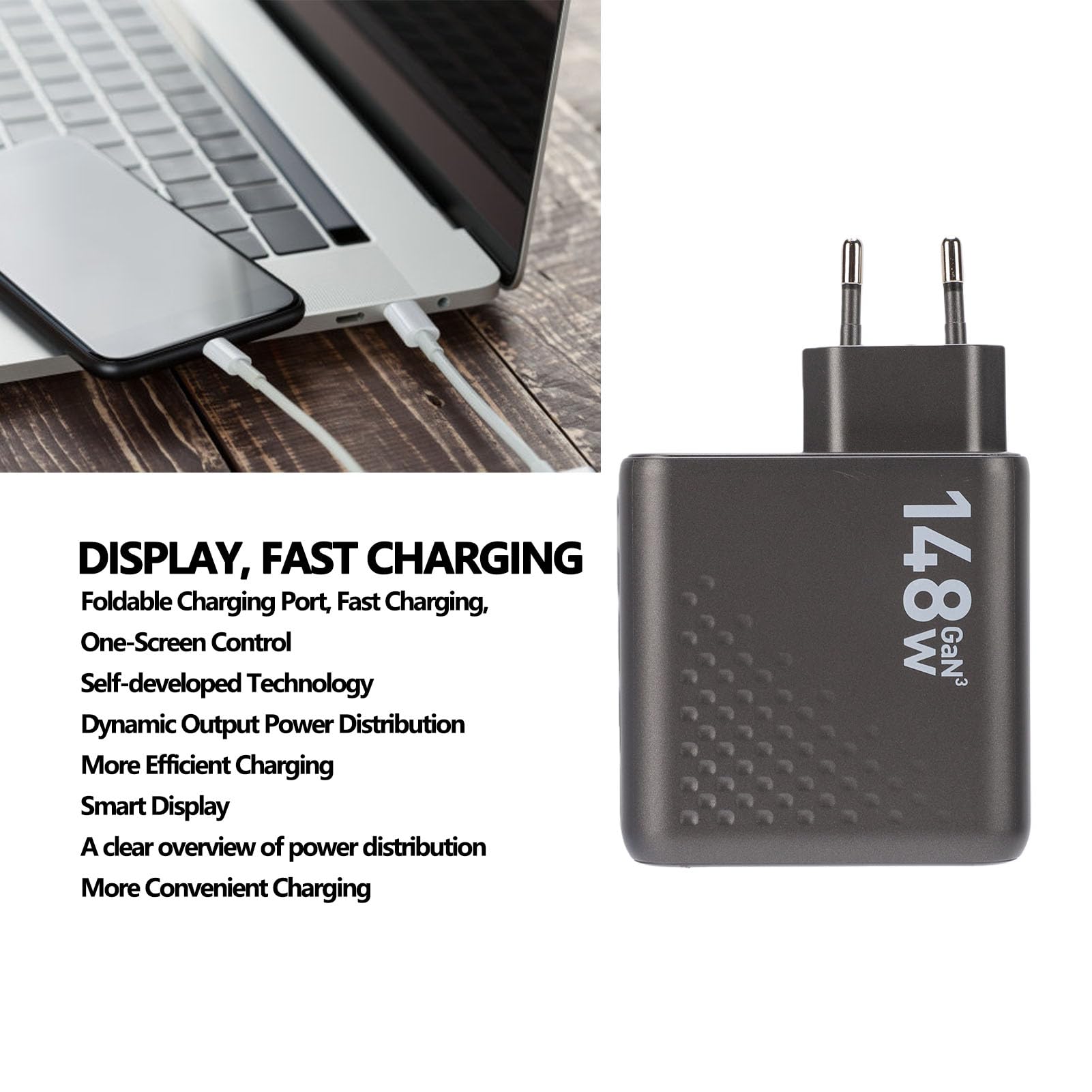 VBESTLIFE Bloque de Cargador USB C de 148W, Adaptador de Pared Rápido GAN de 4 Puertos con Control Táctil de Pantalla Inteligente AI, para Auriculares de Teléfono, Tableta y Portátil (Enchufe de la