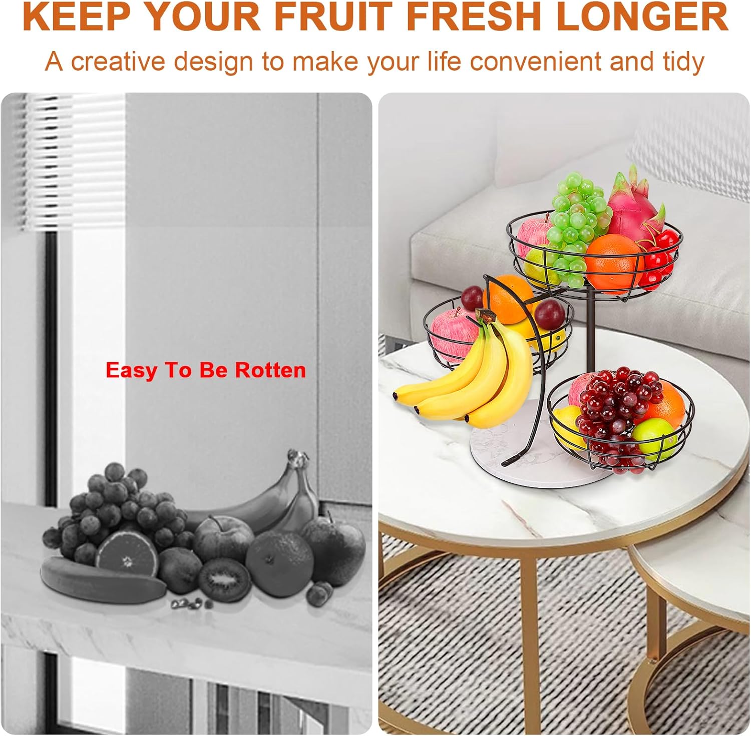 Livabber Fruit Basket Bowl with Banana Hanger, Metal Fruit Vegetable Storage Basket with Banana Holder for Kitchen Counter, Detachable Organizer for Bread Snack Produce (Black, 3-Tier Marble Base)