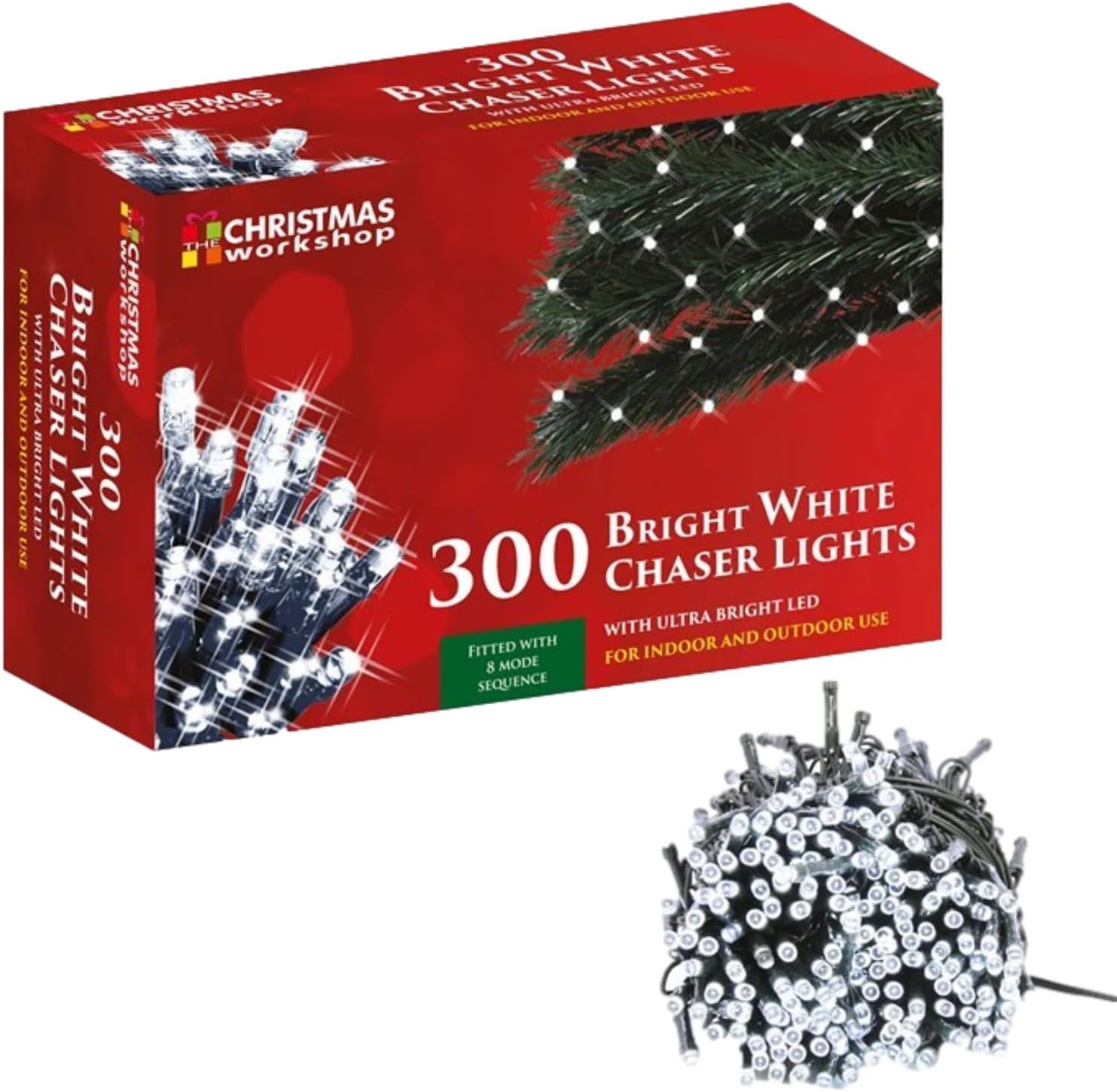 The Christmas Workshop 77650 300 Bright White LED Chaser Christmas Lights/Indoor or Outdoor Fairy Lights / 20.9 Metres / 8 Light Modes/Great for Christmas, Weddings & Gardens