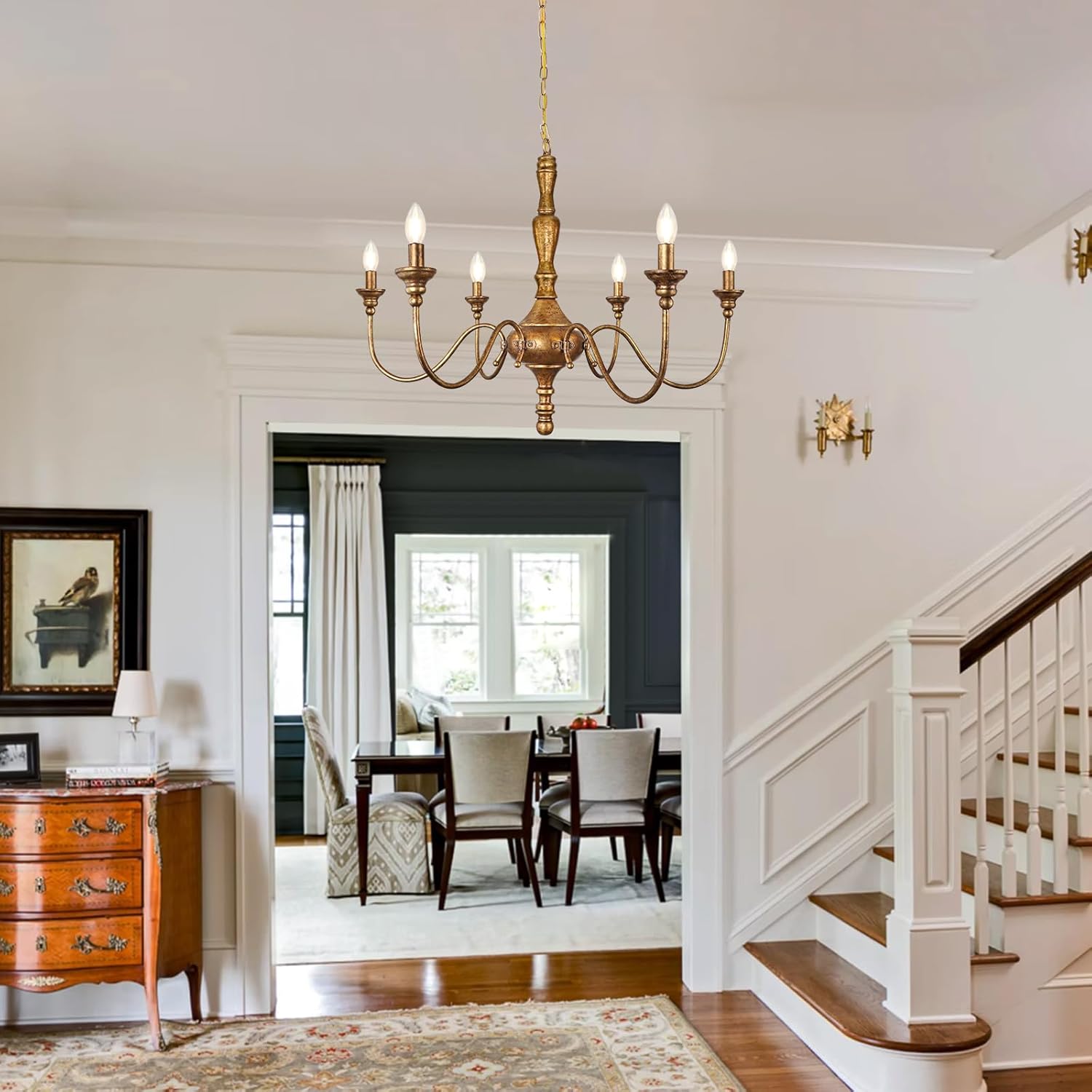 6-Light Farmhouse Chandelier for Dining Room, Antique Gold Rustic Chandelier, Adjustable Vintage Hanging Light Fixture for Bedroom, Kitchen, Living Room, Entryway, Foyer