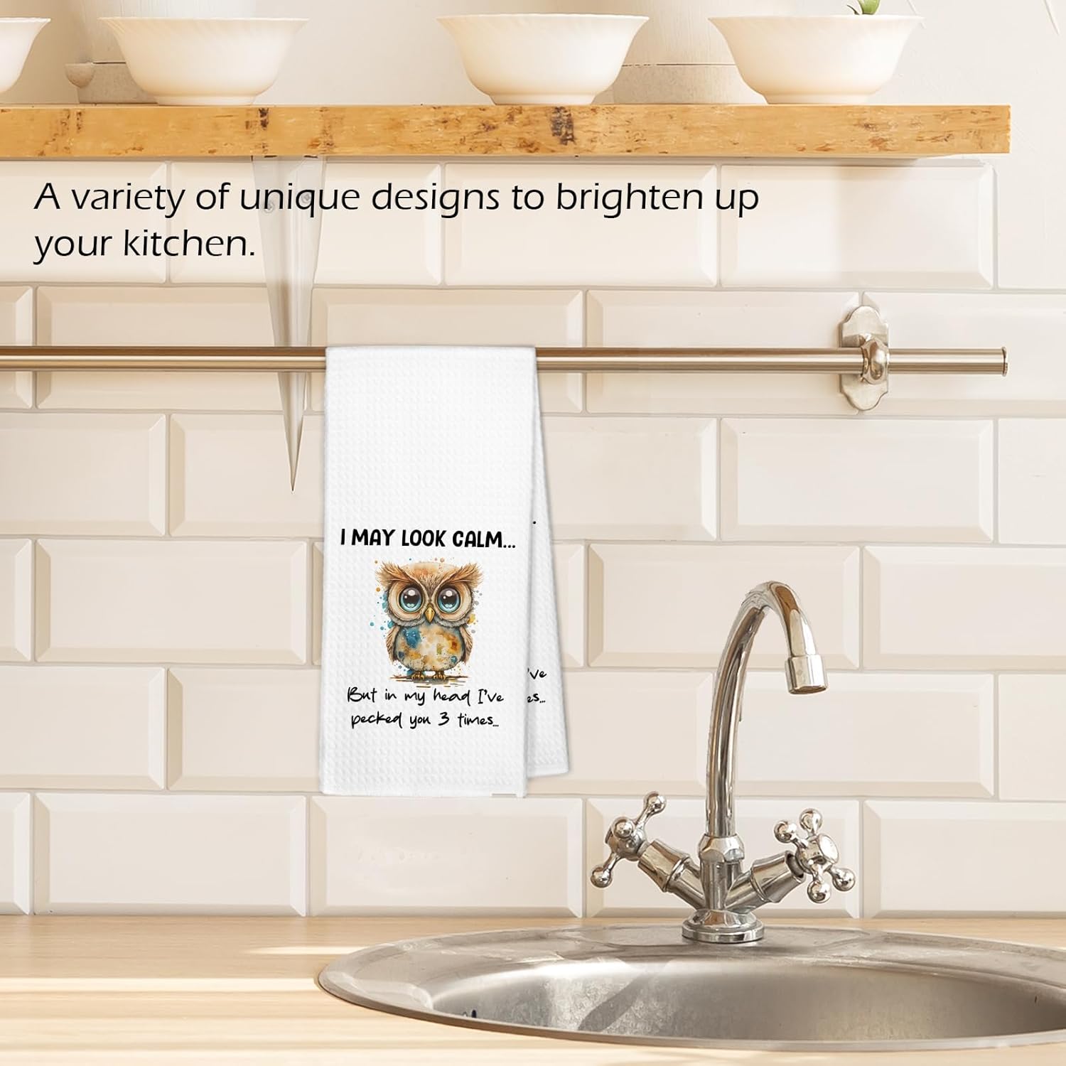 Funny Owl Kitchen Towels, Owl Decor Dish Hand Tea Towels, Owls Gifts for Women Decorative Towel for Bathroom Kitchen, I May Look Calm Housewarming Bar Bathroom Decor, 16x24 Inch - Image 2