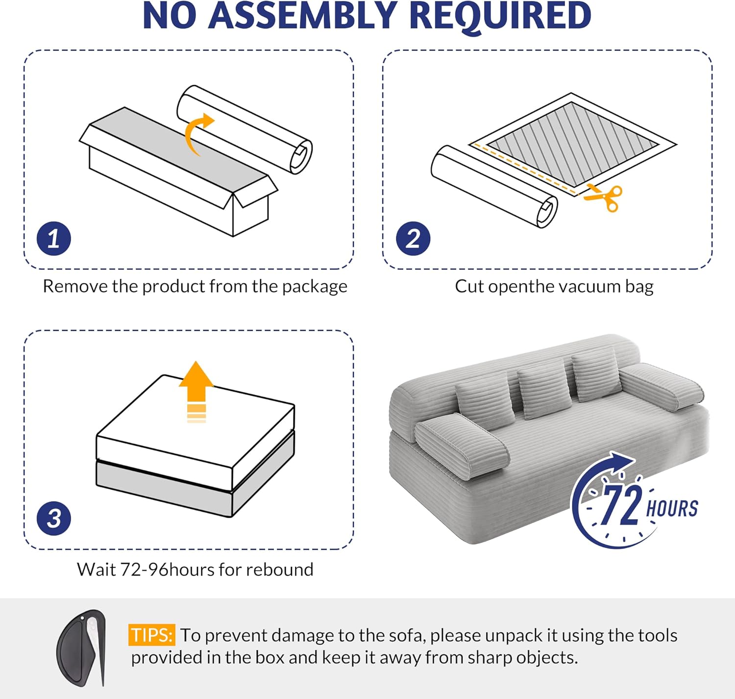 78.7'' Boneless Couches Queen, Corduroy Futon Sofa Bed, Modern Floor Couch, Cloud Convertible Sleeper Sofa Daybed, Comfy Loveseat, 3 Pillows, for Small Spaces, Living Room, Apartment, Gray
