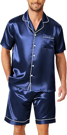 Ekouaer Men's Silk Satin Pajamas Set Short Sleeve Button-Down 2-Piece Loungewear