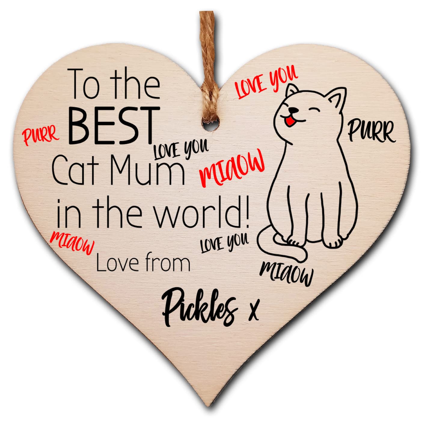 The Plum Penguin Personalised Handmade Wooden Hanging Heart Plaque great for cat lovers cat mums pet keepsake