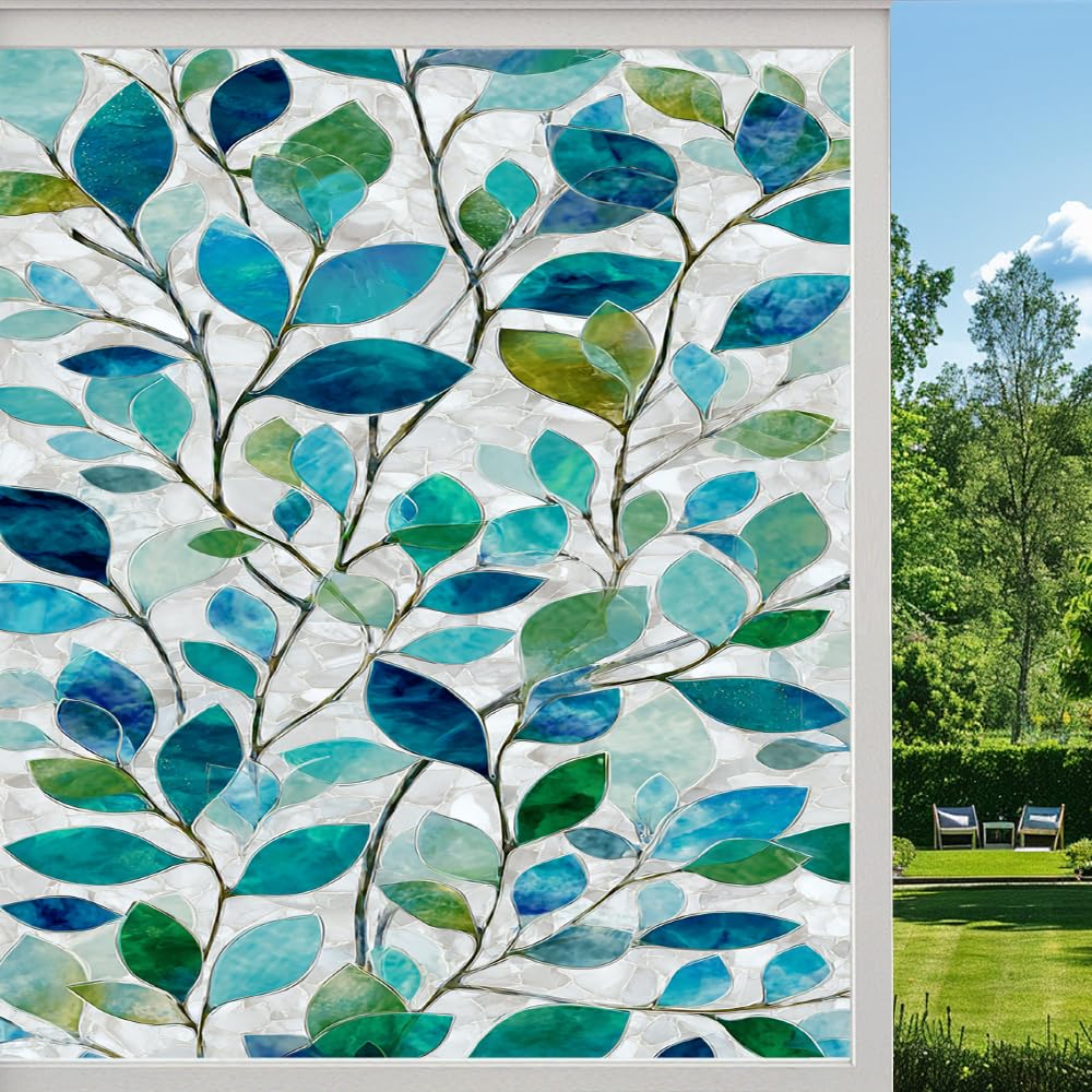 Pmlbaous Geometric Leaf Stained Glass Window Film, Colorful Natural Plant Branch Peel And Stick Privacy Film, Frosted Adhesive Vinyl Decorative For Bathroom Windows Glass Doors, （80X140cm）