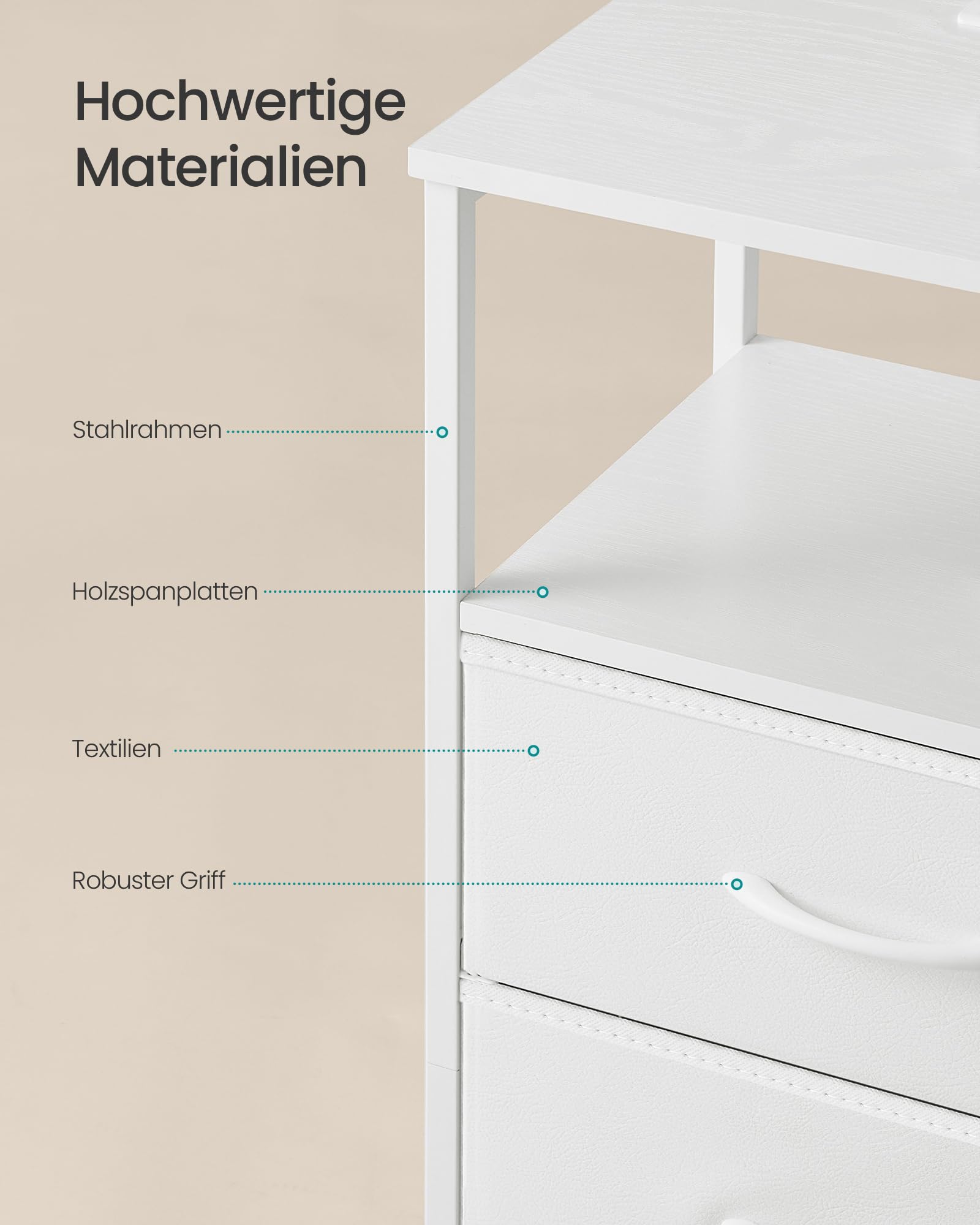 SONGMICS BELLAH Kollektion - Nachttisch mit Ladestation, Beistelltisch mit App-gesteuerter, Einstellbarer LED-Beleuchtung, 1 offenes Fach, 3 Schubladen, wolkenweiß-schneeweiß LGS303WH03