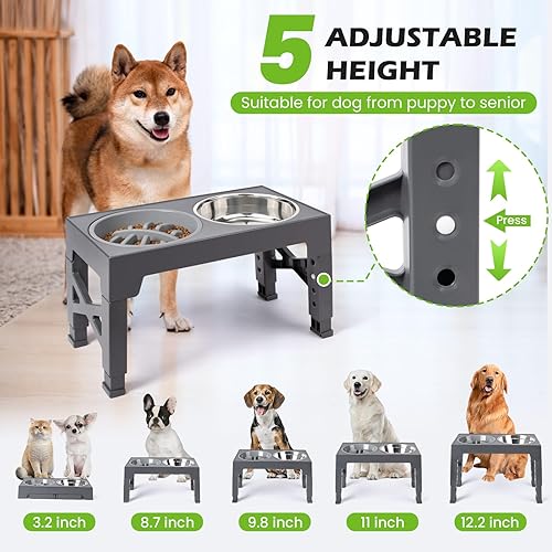 Heeyoo Elevated Dog Bowls - 5 Adjustable Heights Stand, 2 Stainless Steel Bowls & 1 Slow Feeder, 3.2" to 12.2" for Small to Large Dogs(Gray,Round Bowl)