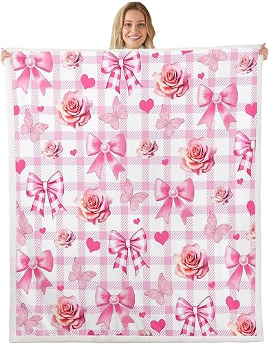 Manta de franela con lazo de princesa, romántica con lazos rosados, mariposas, rosas, flores, manta de vellón para decoración del hogar, sofá, sofá,
