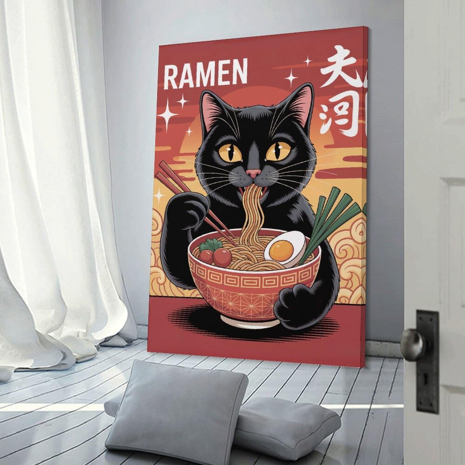 Junmoney Cat Eating Ramen Illustration Room Decor Wall Art, 08x12inch(20x30cm), for Bedroom Walls, Guest Spaces Or Lounges, Stylish Decor for A Restful Room Update