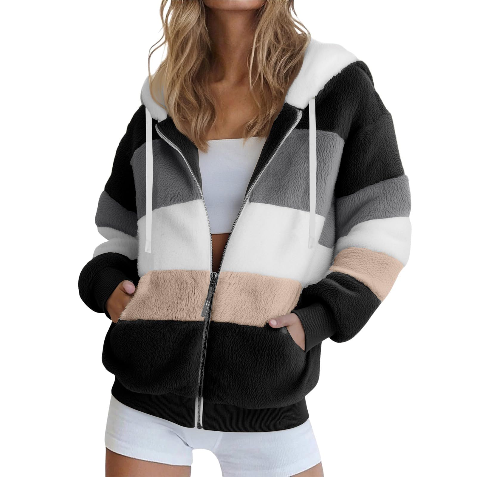 Teddyjacke Damen Mit Kapuze Winterjacke Flauschig Plüschjacke Warm | Teddy Fleecejacke Damen Kuscheljacke Frauen Winddicht Teddy - Mantel Zipper Plüschmantel Casual Flauschjacke Mit Taschen