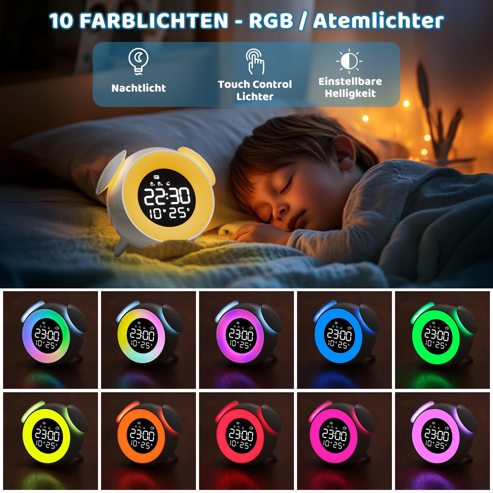 Wecker Kinder Digital, Kinderwecker Schlaftrainer, LED Digitaluhr mit Doppelalarm, 10 Farblichten, Snooze, Werktagsmodus, 7 Klingeltöne, 12/24Std, Lichtwecker Für Mädchen Jungen