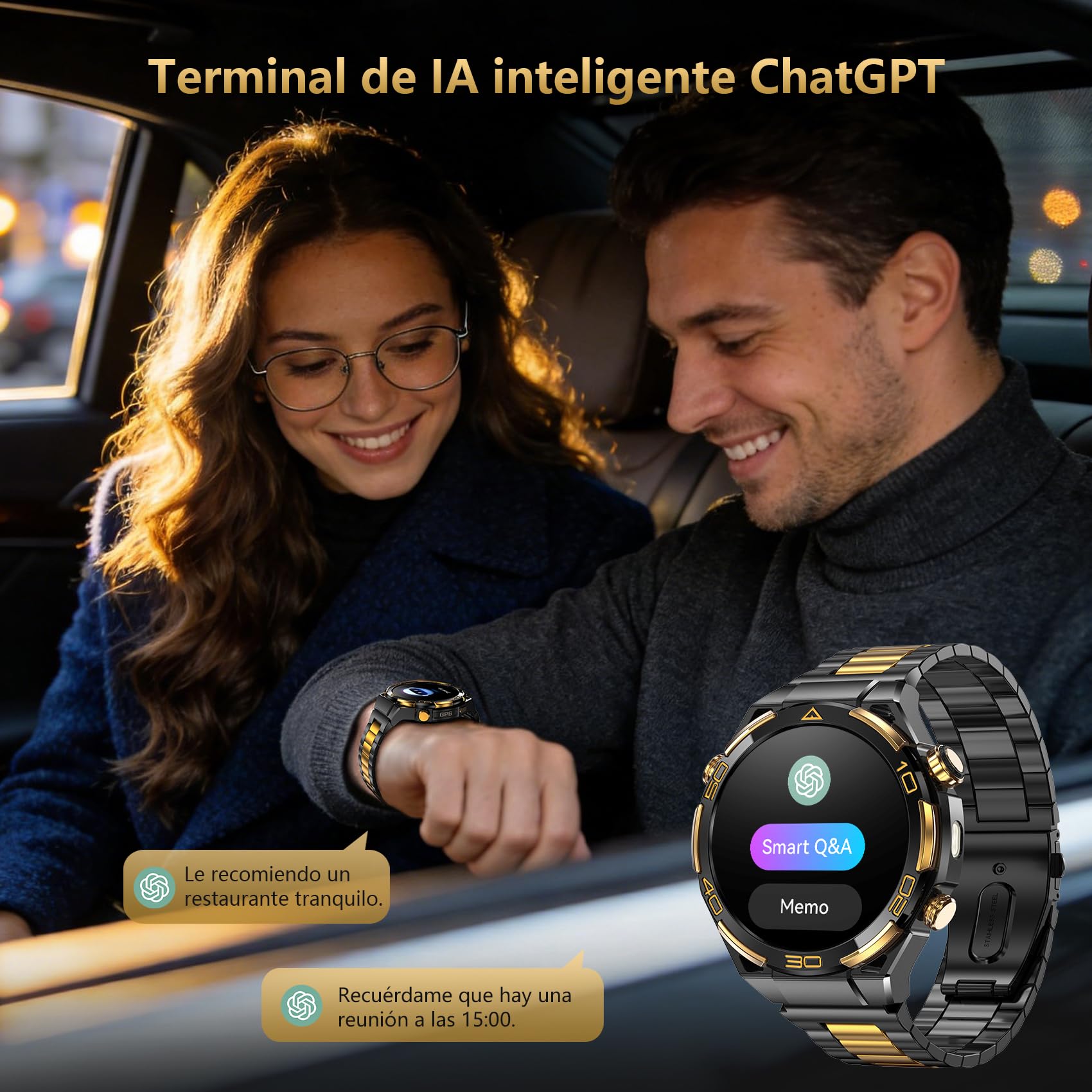 IOWODO Reloj Inteligente Hombre Lujo, Smartwatch 1.43" AMOLED con GPS y Llamadas Bluetooth, Chapado 14K, Linterna y Brújula, 20 Días Batería, Monitor Salud, 327 Esferas,100+ Deportes, IP68, 2 Correas