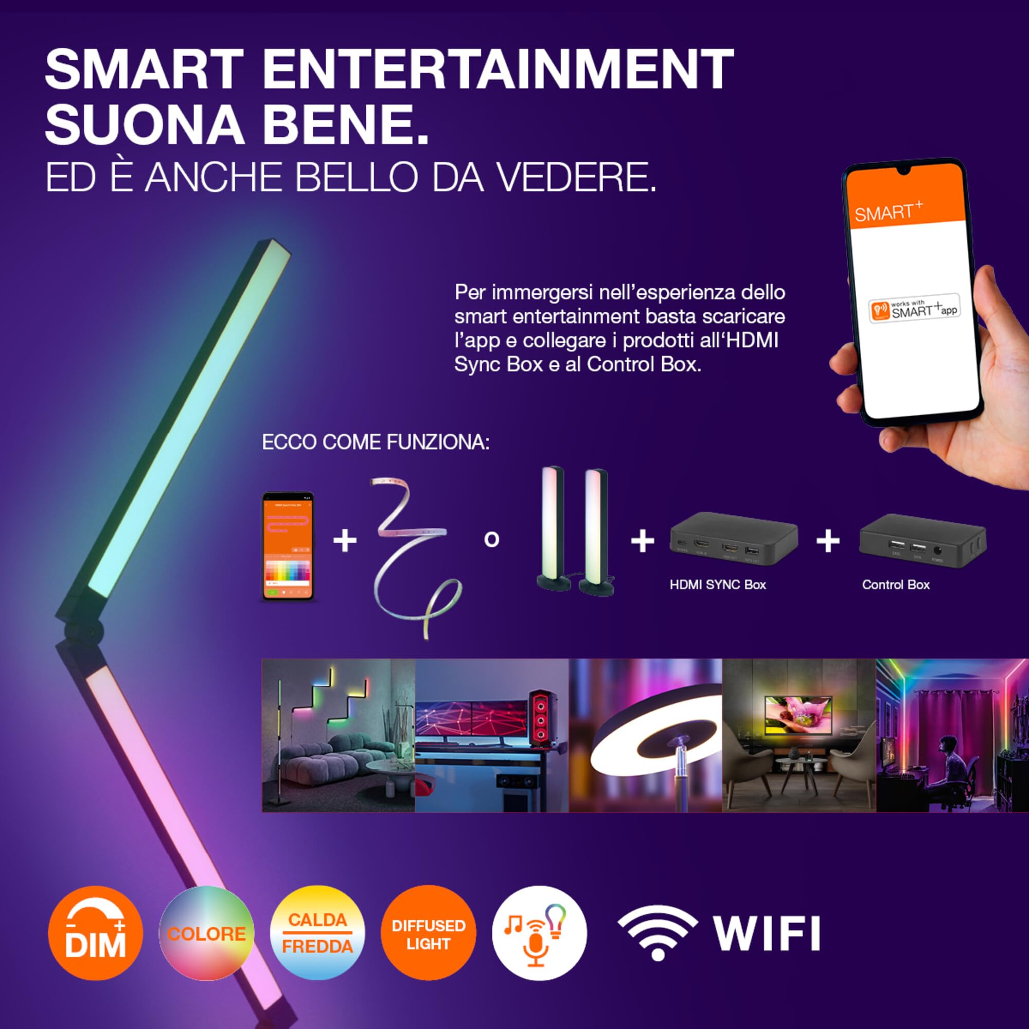 LEDVANCE SMART WIFI lampada da terra intelligente e moderna per illuminazione indiretta con tecnologia WiFi e Magic RGB; dimmerabile; argento; alluminio; lampadina non sostituibile