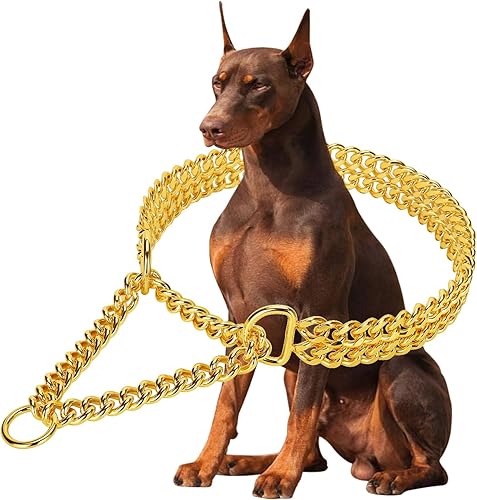 Collar de perro de acero inoxidable de oro de 19 quilates, ajustable, de eslabones cubanos de metal, a prueba de mordidas, cadena de doble fila para