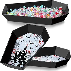 2 Pcs Halloween Candy Bowl Plastic Coffin Shaped Serving Tray Spooky Serving Dish Trick or Treat Candy Platter for Halloween Party Food Storage Charcuterie Board Serving Supplies (Castle)