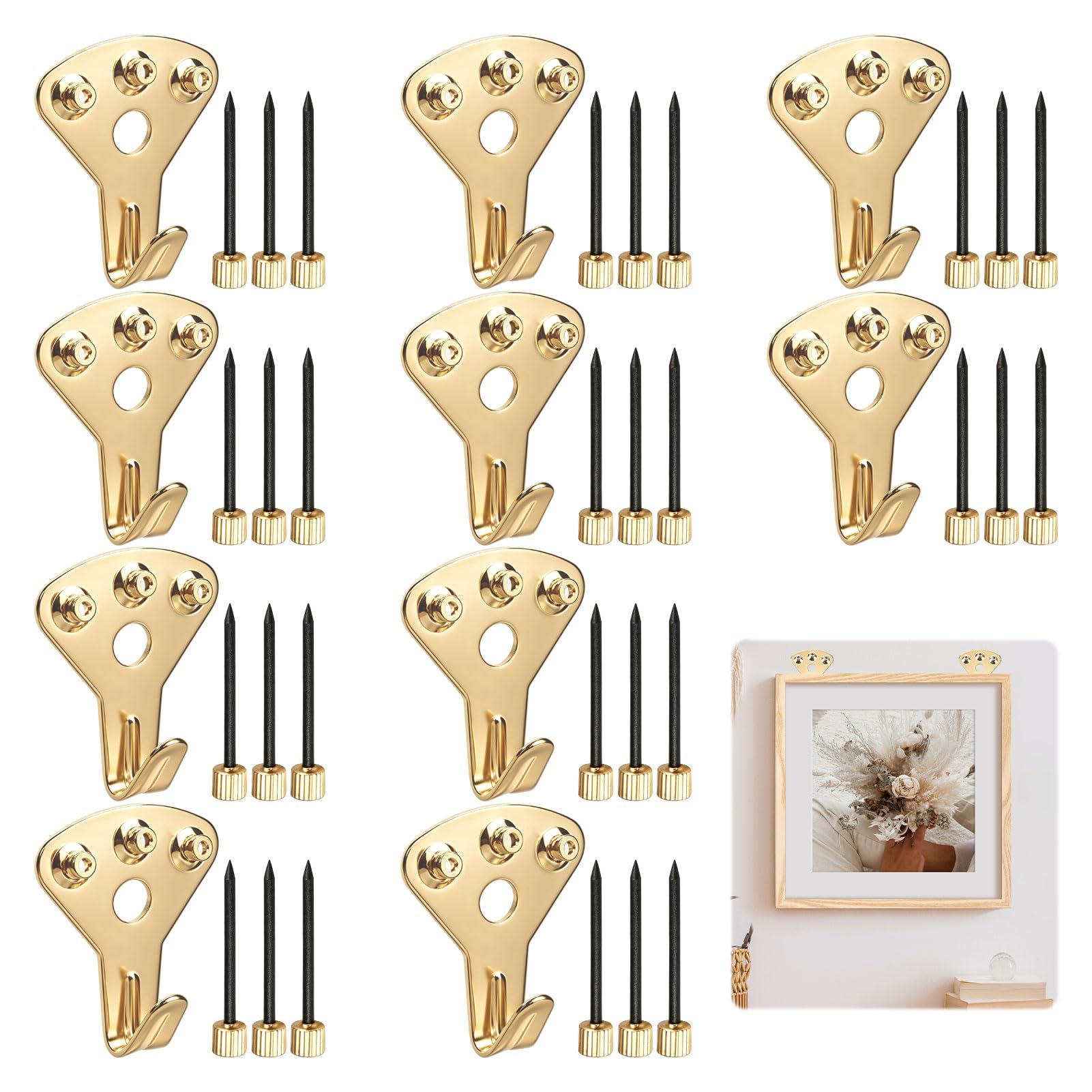 Picture Hooks Heavy Duty Picture Hangers, 40PCS 75LB Picture Frame Hooks with Nails for Secure Wall Mounting, Golden Picture Hanging Hooks for Heavy Frames and Artworks in Homes and Offices