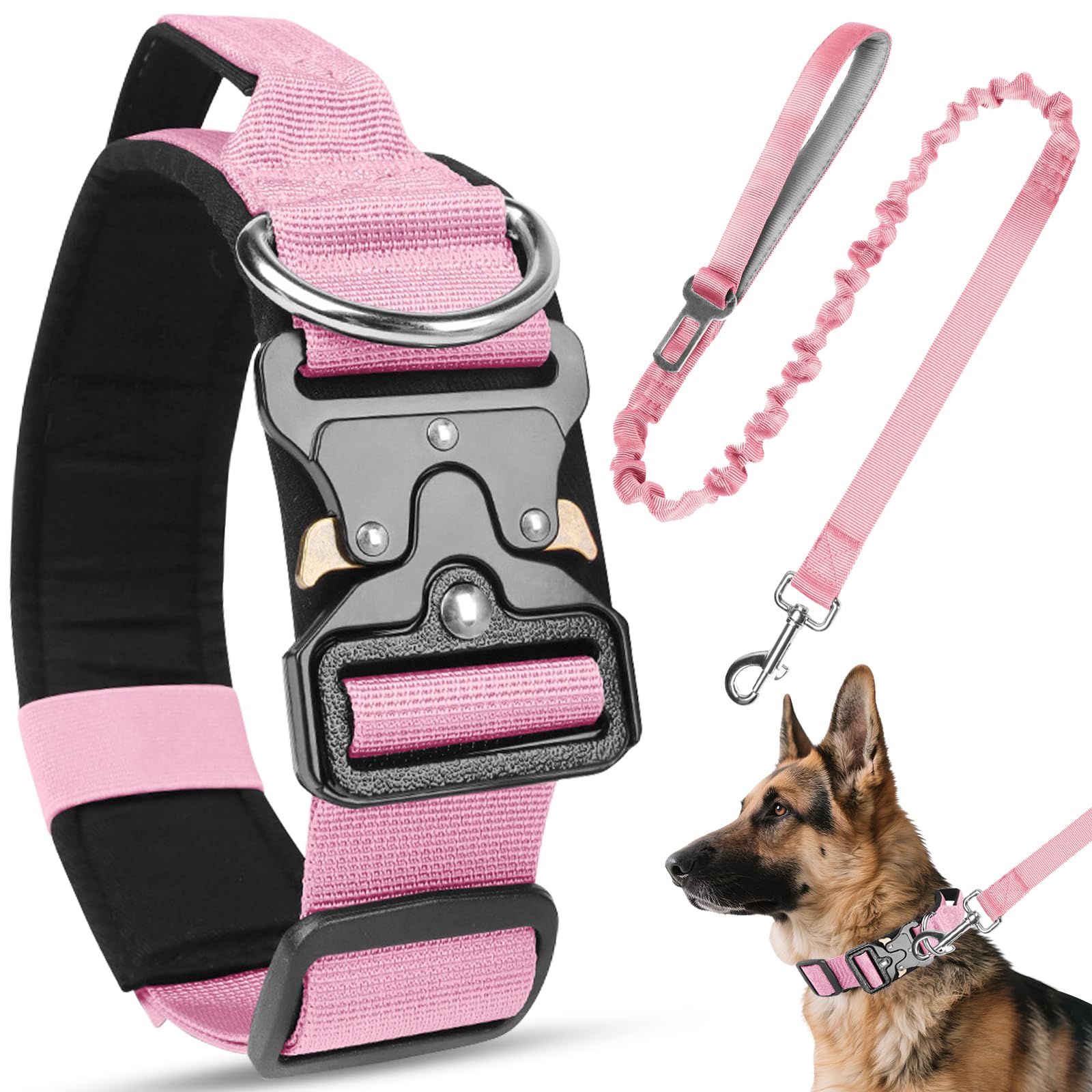 Tactical Dog Collar and Lead Set, Adjustable Military Training Nylon Dog Collar with Heavy Duty Metal Buckle & Handle, Soft Padded Breathable Pet Collar for Small Medium Large Dogs (Pink, XL)