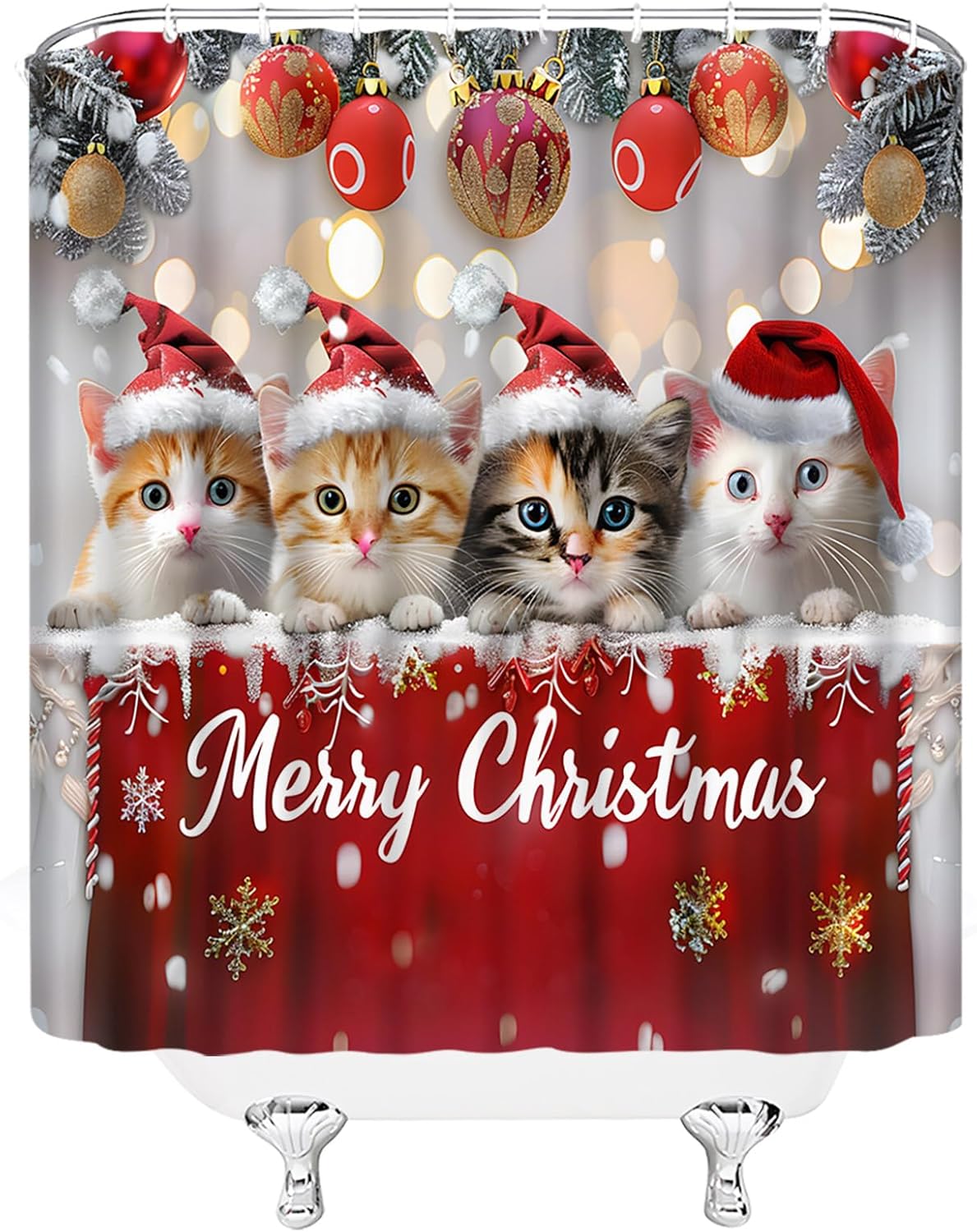 Christmas Cat Shower Curtain Cute Animal Cat Kitten Red Xmas Ball Pine Twig Snowflake Funny Winter Holiday 70" WX96 H Bathroom Decor Fabric Curtain with Hooks