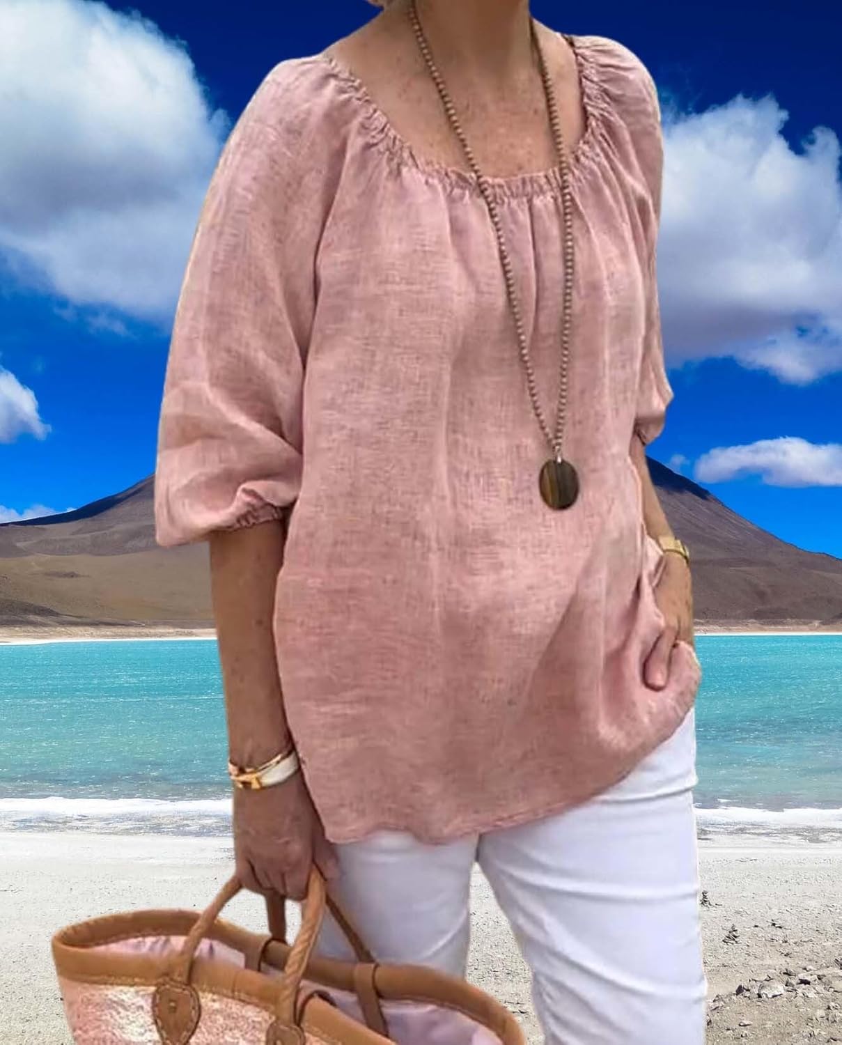 Summer Casual Womens Linen Shirt Round Neck Half Sleeve Linen Loose Pleated Tops Fashion Blouse T Shirt - Image 4