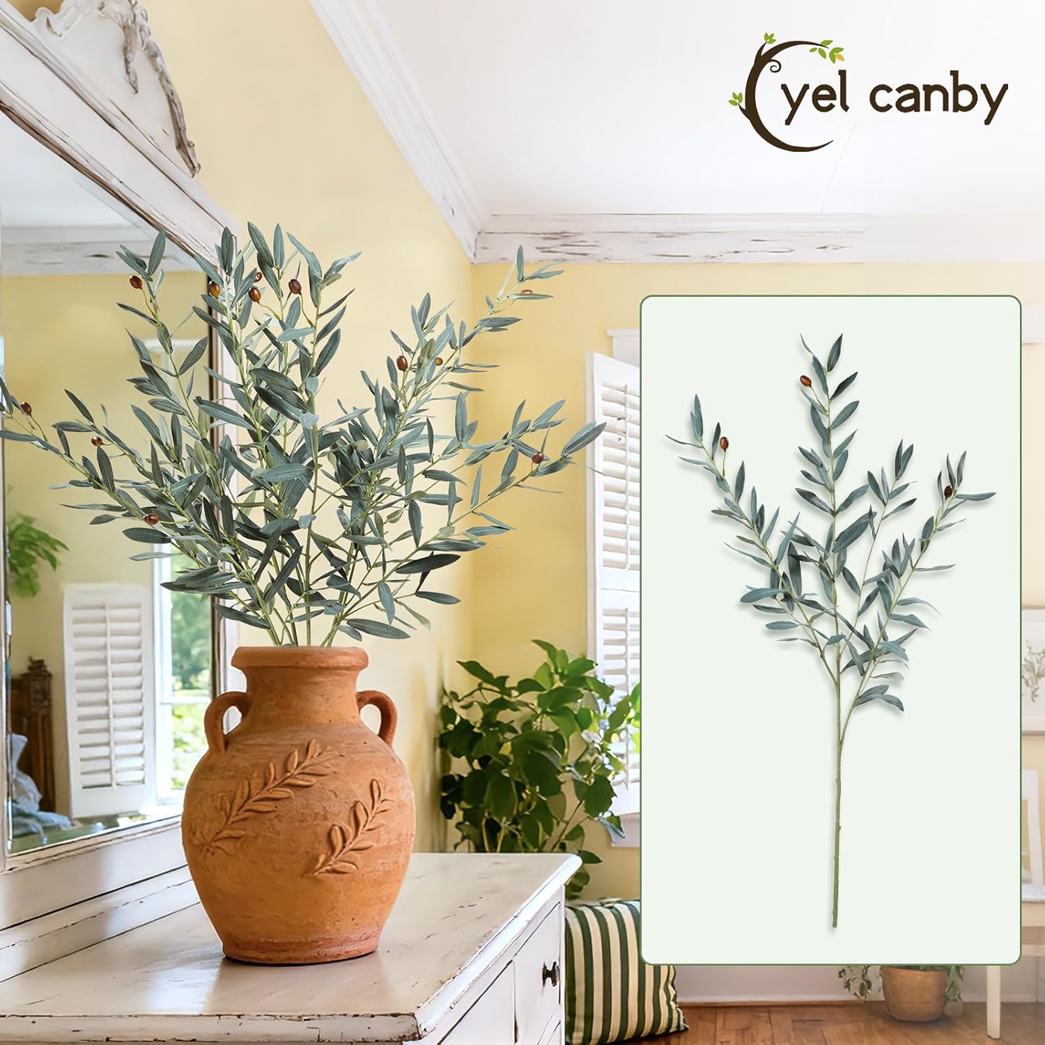 35inch Artificial Olive Branches for Vases,4pcs Bendable Faux Olive Branches with Fruits,Greenery Stems for Living Room Home Decor,Coffee Table Decor(Vase Not Included)